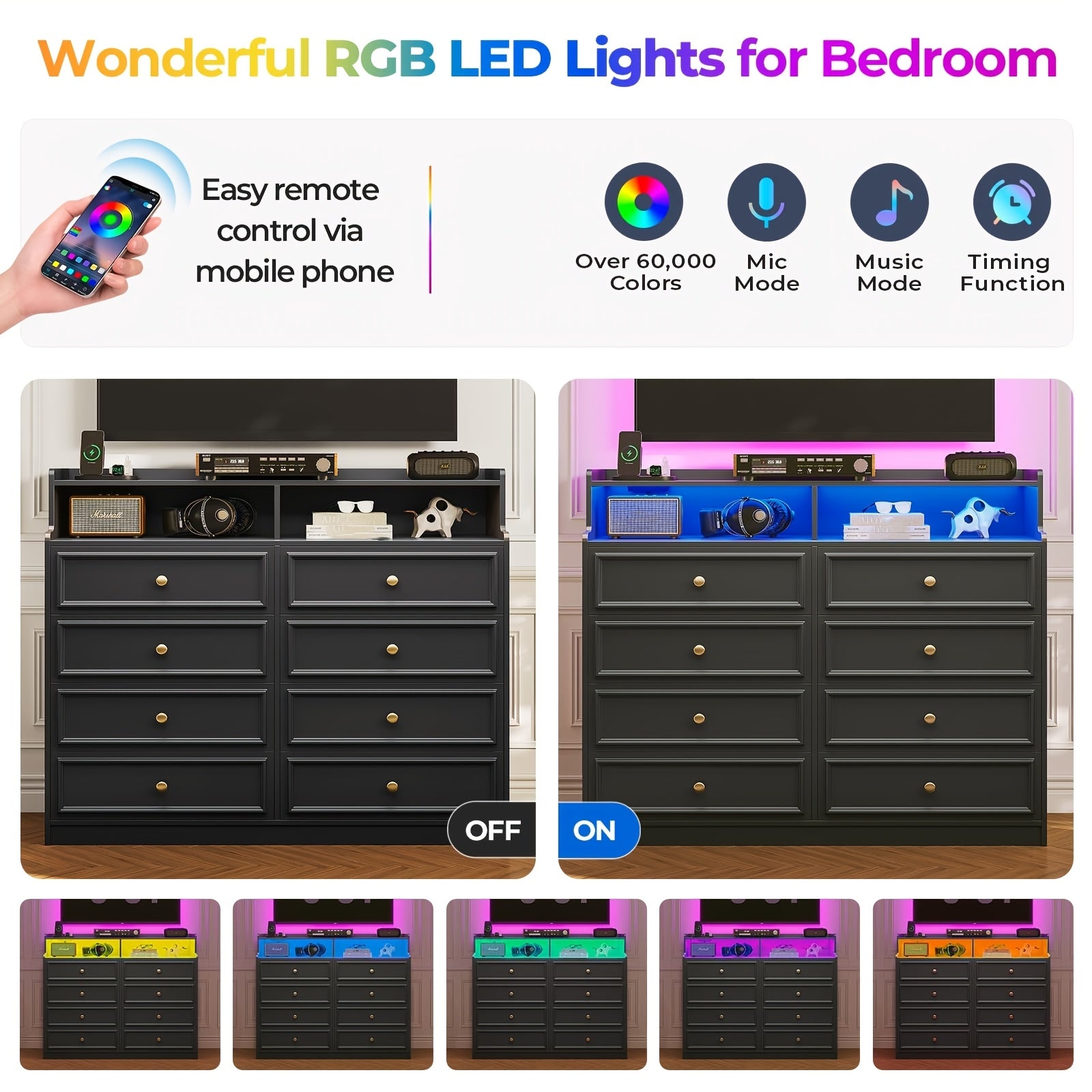 Bedroom Dresser With Charging Station LED Dresser With 8 Large Storage Drawers Chest Of Drawers Storage Organizer Large