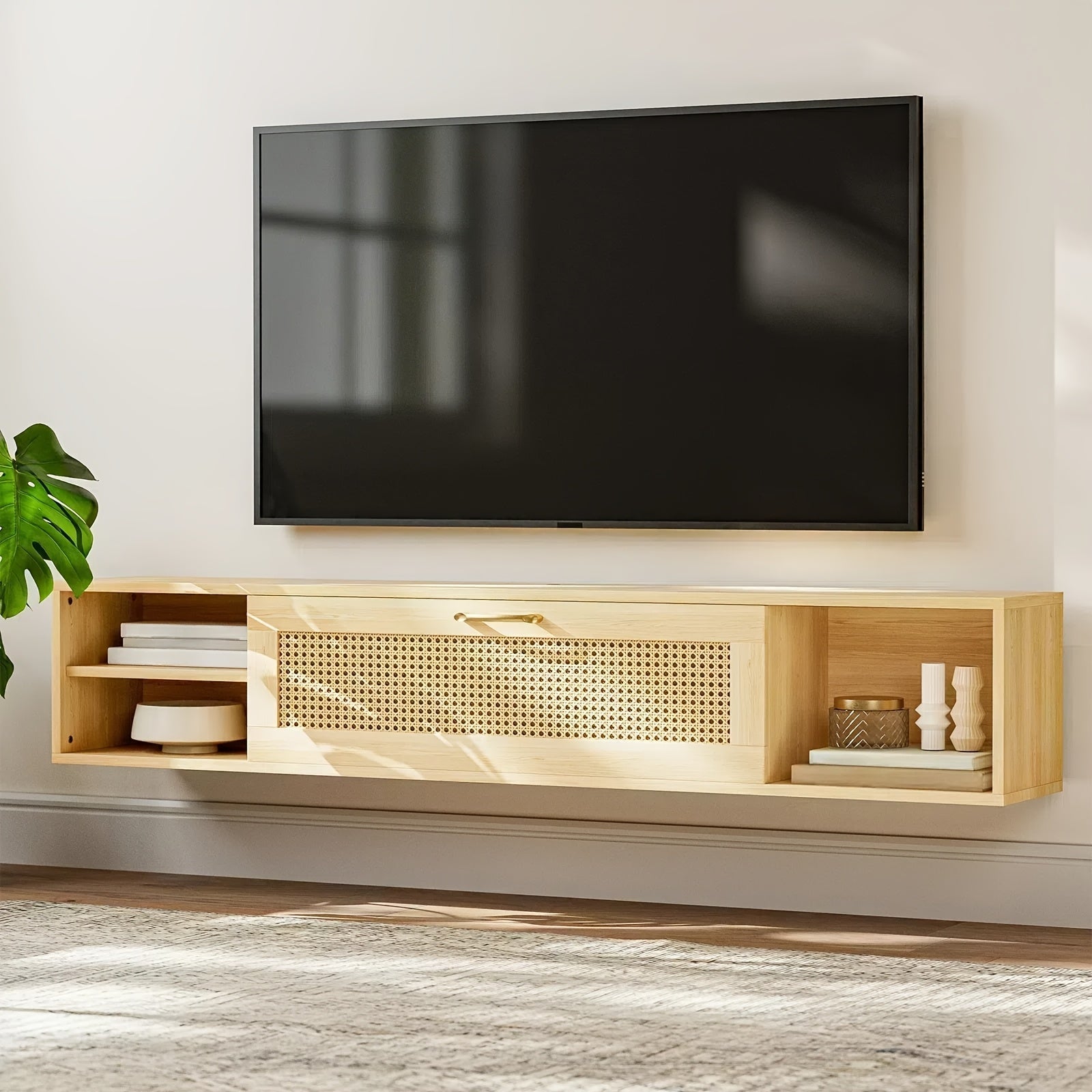 Floating TV Stand for 75 Inch TV, Mid Century Modern Center TV Stand/ Rattan Cabinet Door, Wall Mounted TV Cabinet, Entertainment Media Console Large Storage TV Shelfs for Living Room - White/Wood