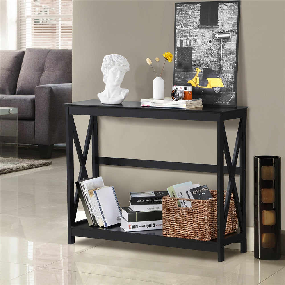 Costoffs Narrow Wood Entryway Table 2 Tier Console Table for Entryway X-Design Bookshelf Accent Table w/Storage Shelf for Living Room Entry Hall Foyer