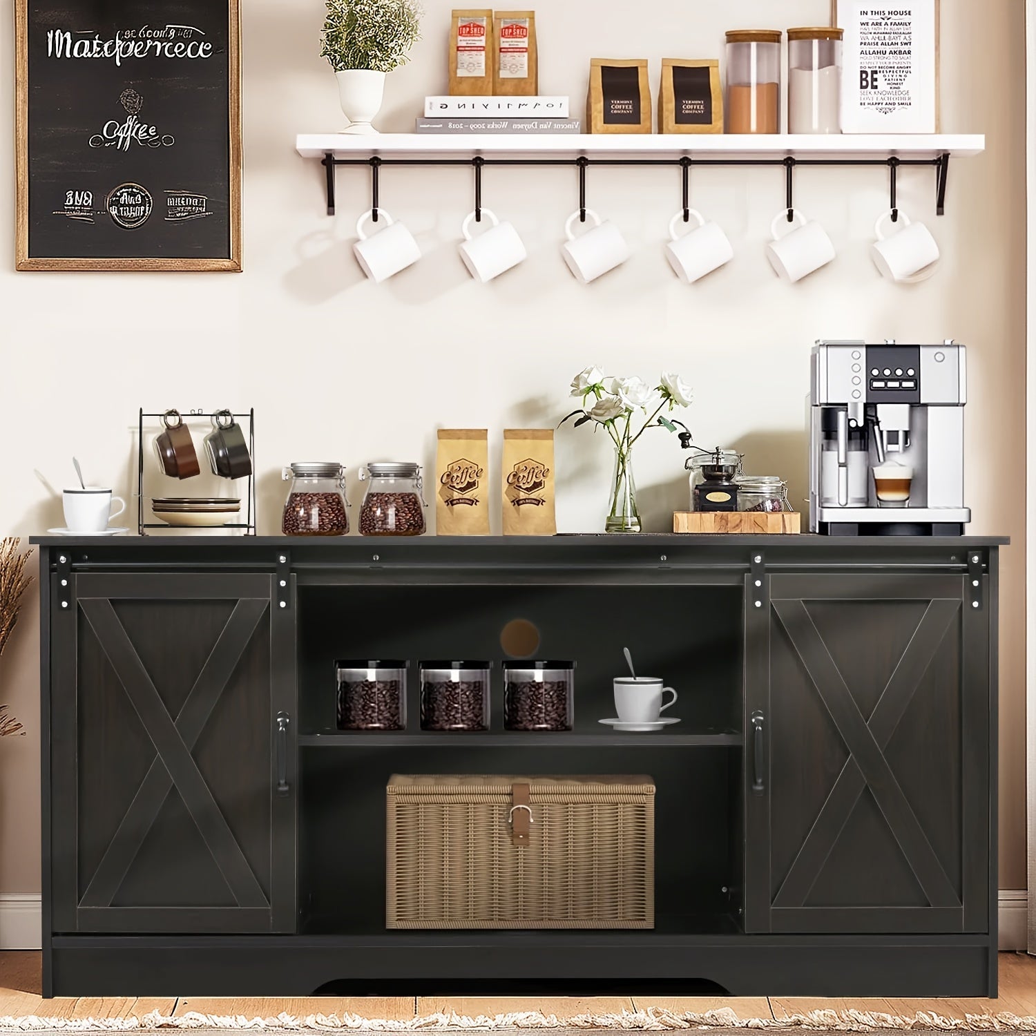 Farmhouse TV Stand with Sliding Barn Doors Espresso Entertainment Center for 165cm TV with Storage Cabinet Classic