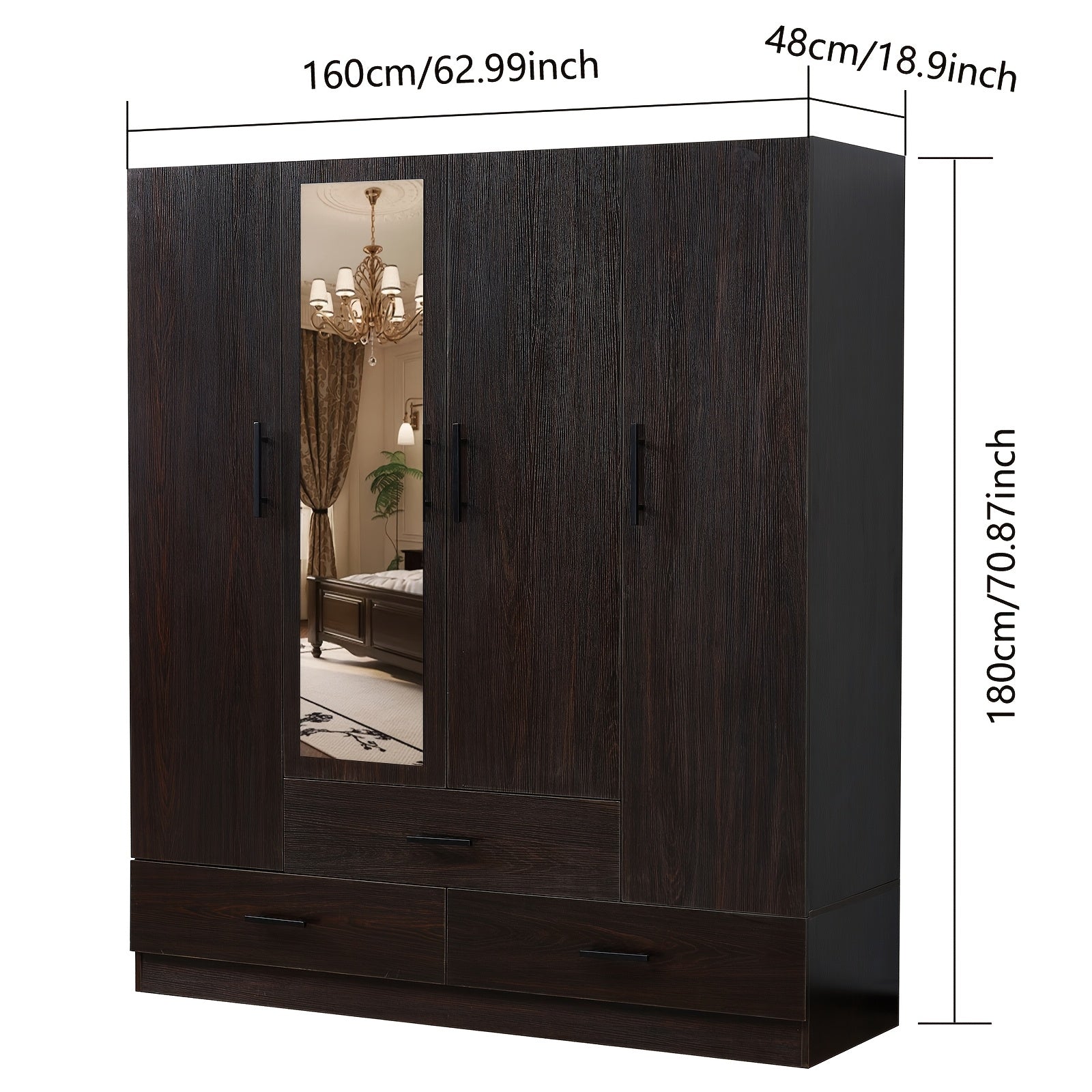 4-Doors Walnut Freestanding Wardrobe Armoire Closet, Modern Bedroom Organizer Storage Cabinet with Hanging Rod Shelves Drawers for Clothes