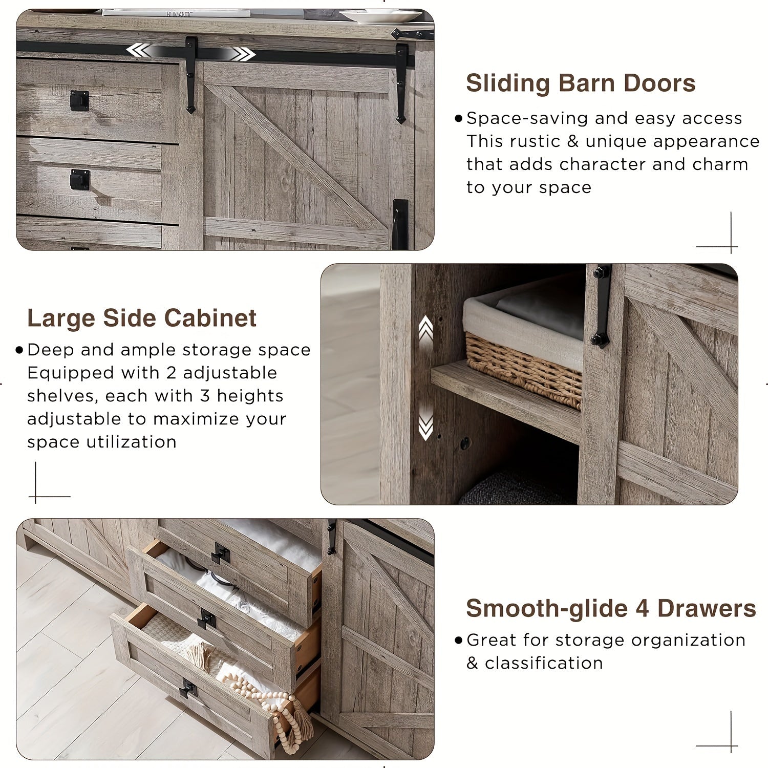 60'' Farmhouse Dresser Chests For Bedroom W/4 Drawers & Sliding Barn Doors, Tall Chest Of Drawers, Rustic Dresser TV Stand, Dresser Organizer For Bedroom, Living Room