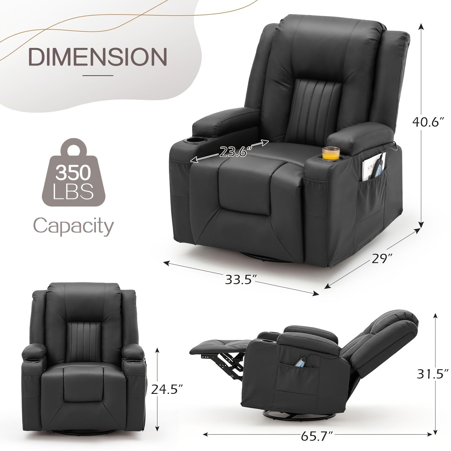 Massage Manual Recliner Chair With Heat, Leather Rocking Recliner Swivel Recliners Lazy Boy Recliner Chair W/ 2Side Pockages, 2 Cup Holders For Living Room, RV, Black