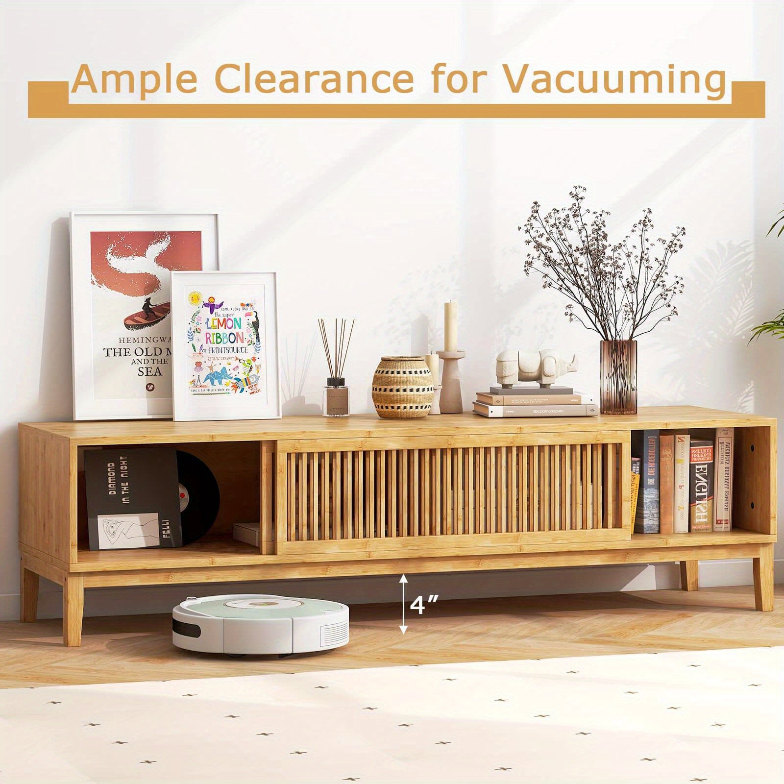 Chic Bamboo TV Stand with Sliding Doors - Holds Up to 65’’ TV 5 Cable Holes Spacious Storage Compartments Durable &