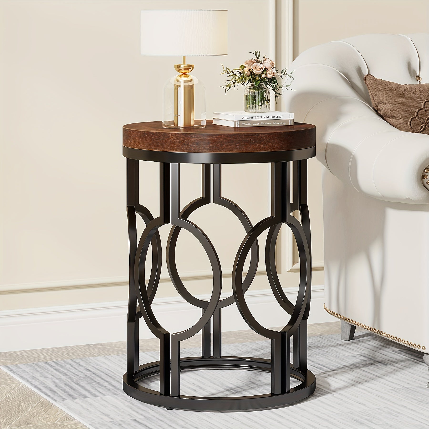 Round End Table Industrial SideTable With Metal Hollow Frame Small Bedside Table Nightstand For Living Room Bedroom