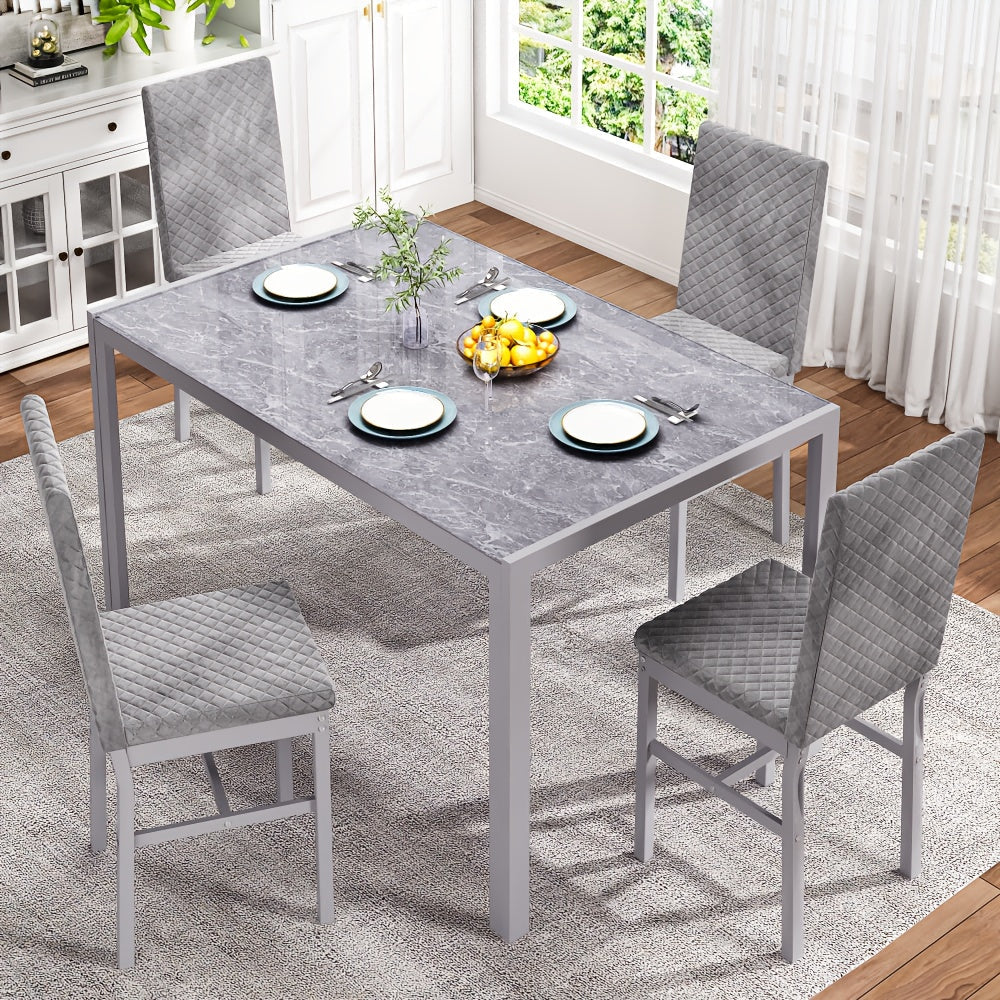 Modern Luxurious Style 5pcss Dining Room Table Set, 5pcs Dining Table Bar Table Set With Tempered Glass Tabletop, Metal Frame And Faux Leather Upholstered Dining Chairs, 4-Person Breakfast Nook Dining Table Set Other(Furnitur