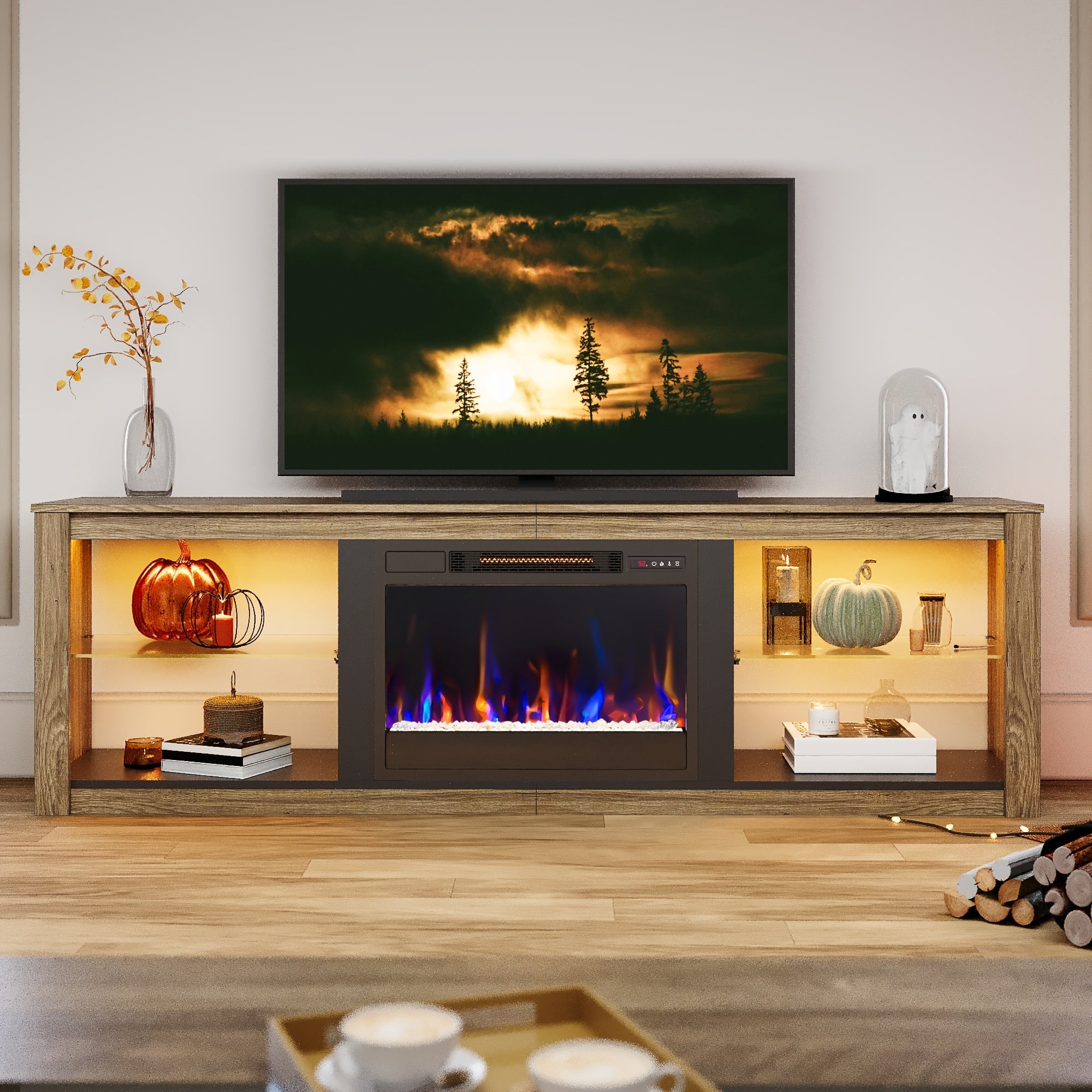 1pc Modern 70" Hardwood TV Stand with Electric Fireplace, LED Lights, and Storage Shelves - Particle Board Construction, Metal Frame, Independent Design, US Plug, 110V, for Living Room and Bedroom, Fireplace Tv Stand