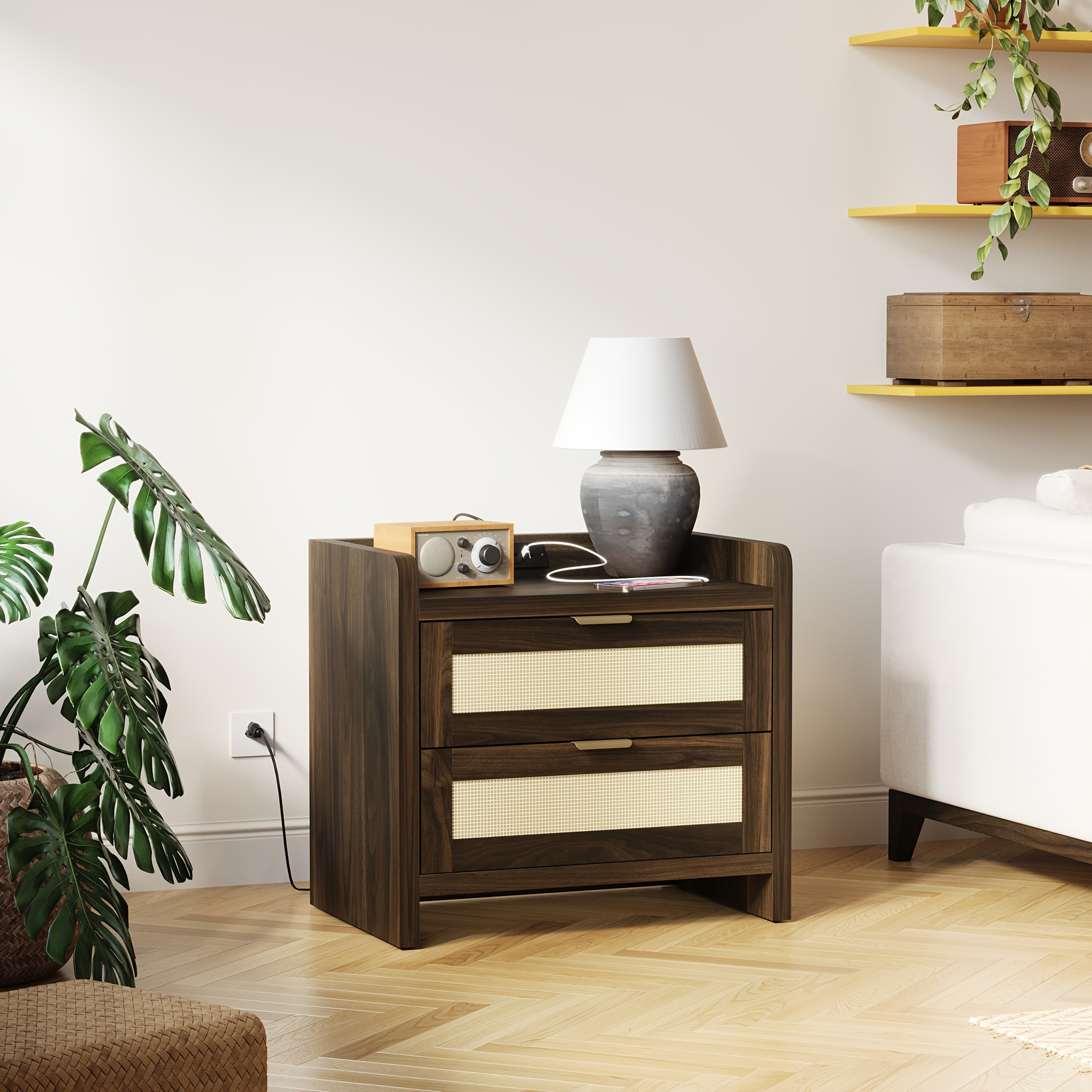 2pcs Set Rattan Mid-Century Modern Nightstands with Storage - Chic Accent Bedside Tables with Drawers, Perfect for Small Spaces in Bedroom & Living Room, Bedroom Decor, Bedside Cabinet, Small Edge Table