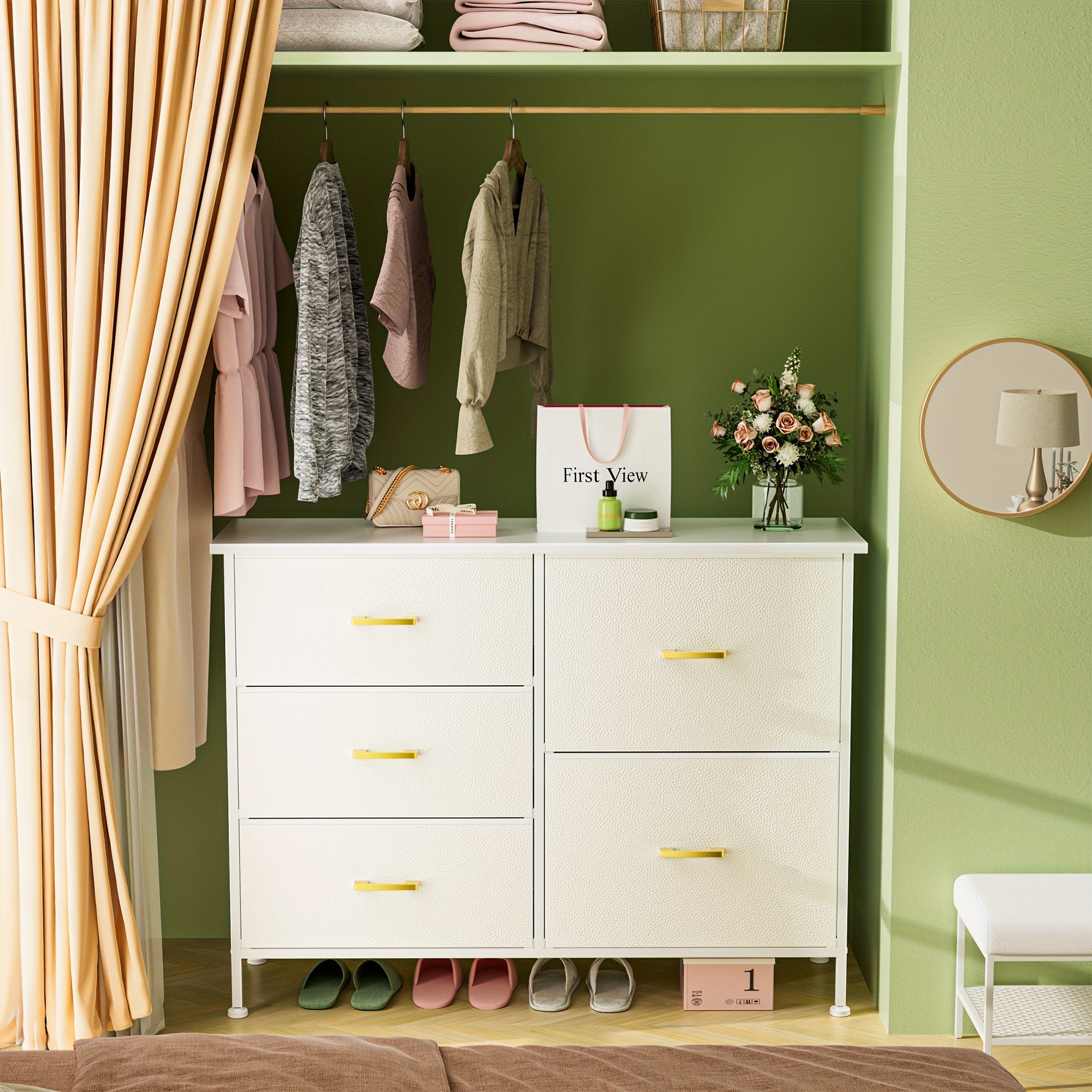 5/8/9 Drawers Dresser For Bedroom White Dresser With Fabric Drawers Chest Of Drawers With PU Finish Metal Handle