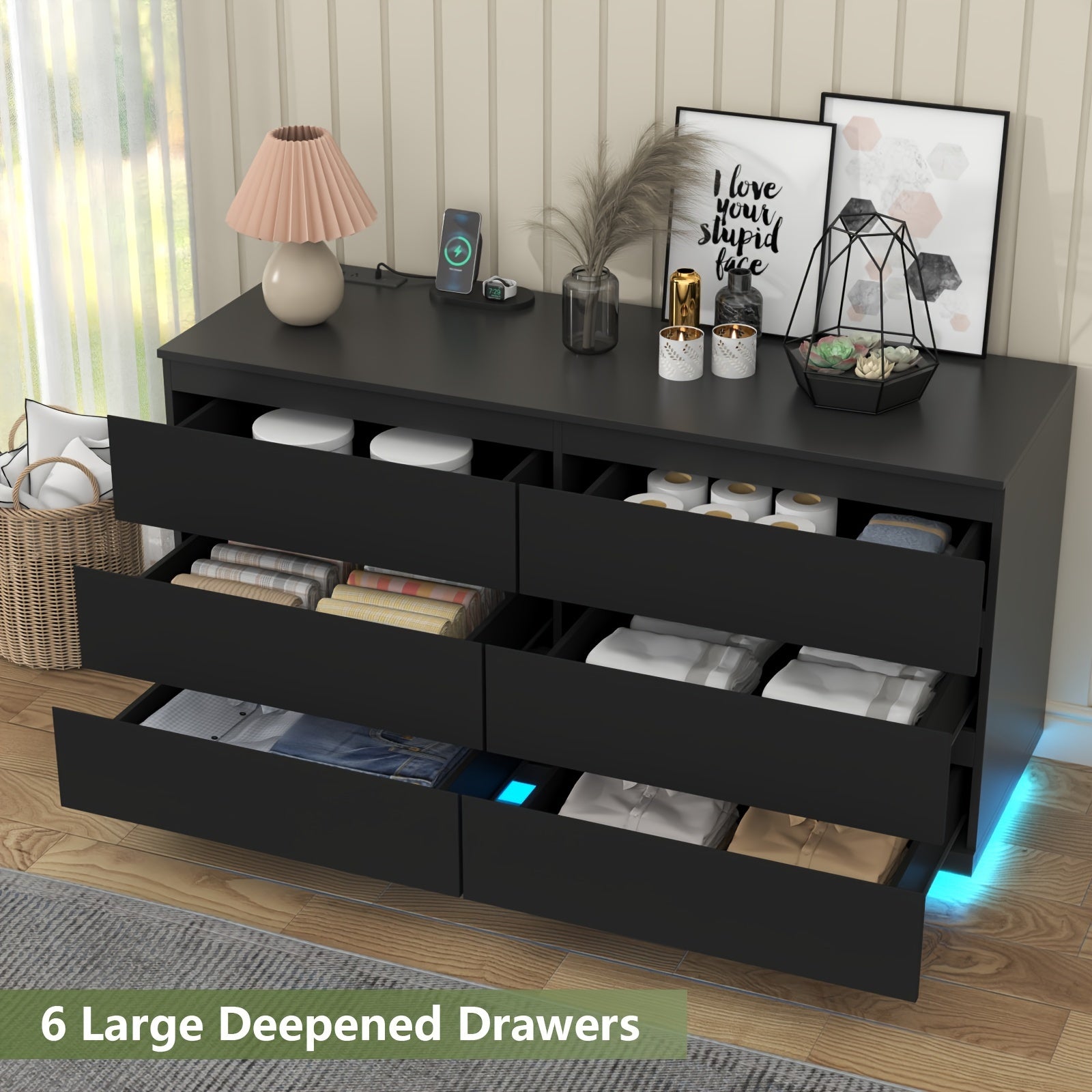 6 Drawer Dresser White Dresser with Power Outlet and LED Lights Floating Chest of Drawers for Living Room - Dresser