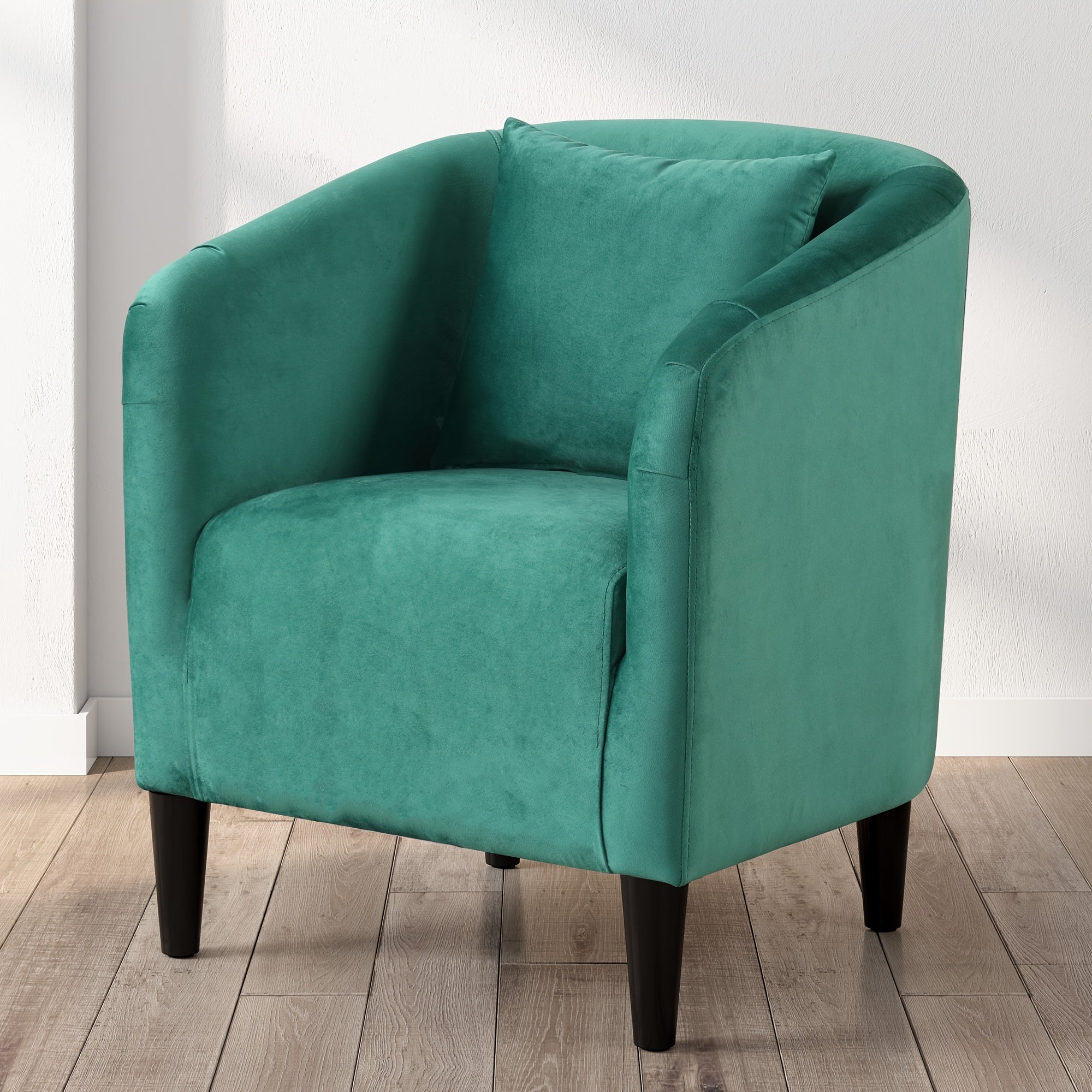 Green Velvet Barrel Chair with Pillow - Comfy Armchair with Wood Legs, Ideal for Living Room and Bedroom, Accent Chair