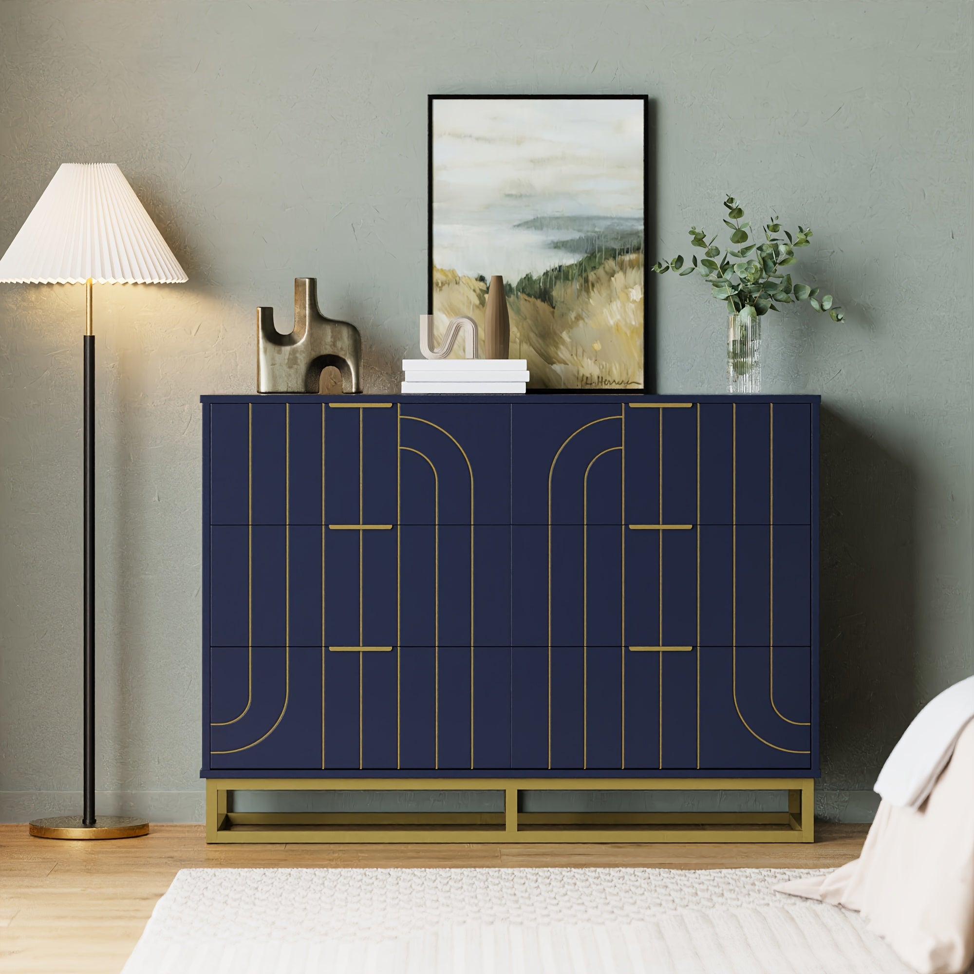 Elegant 48" Dark Blue & Golden Modern Wooden Dresser - Versatile File Storage Cabinet with 6 Drawers, Easy Assembly, Durable Construction for Bedroom, Living Room & Office - Ideal Housewarming Gift for Home Decor Enthusiasts,