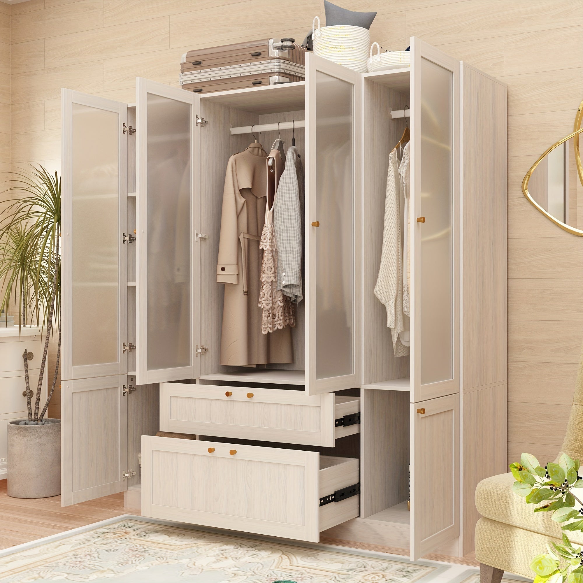 Furniture For Home Wardrobe Closet With 4 Frosted Glass Doors Hanging Bars Shelves & Drawers Wooden Closet Storage