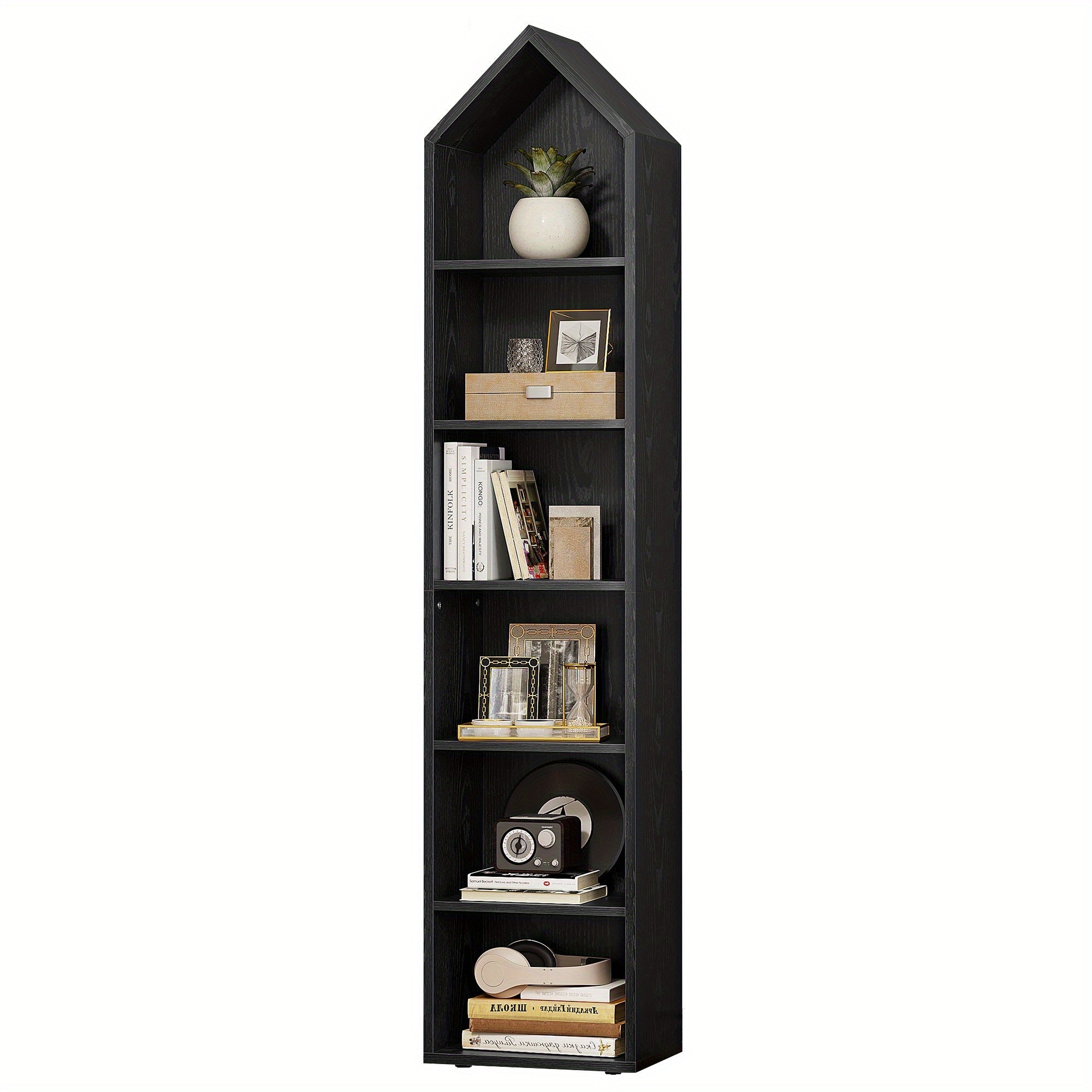 Modern 6- Cube Bookshelf with Adjustable Shelves for Flexible Organization - Embossed black wood panel - Bookshelf