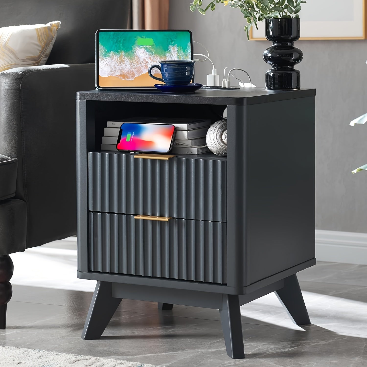 Fluted Nightstand With Charging Station, 18" Modern Side Table With Faux Marble Top, 2 Drawers End Table W/Storage, Bedside Table For Bedroom, Living Room, Curved Profile Design