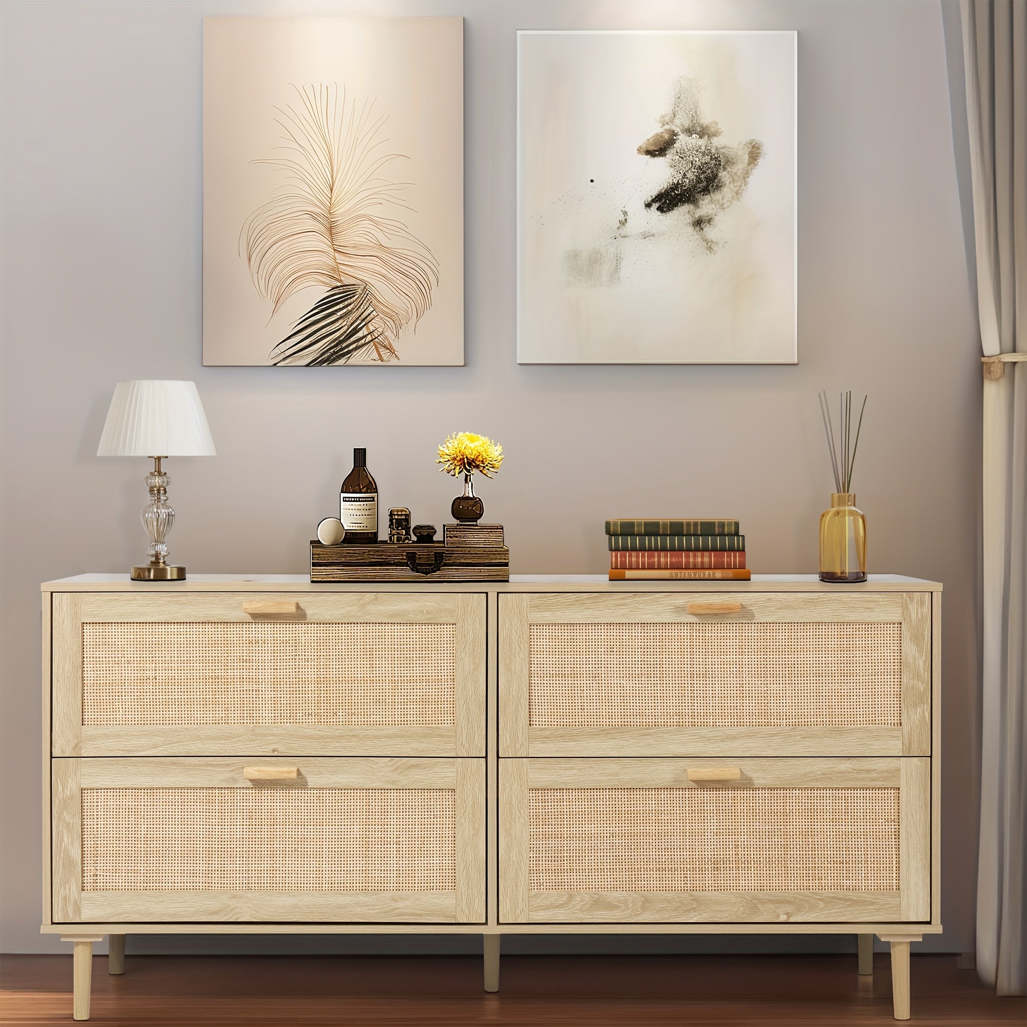 4 Double Drawer Dresser For Bedroom 59.84" Widen Wooden Bedroom Dressers With Drawers, Rattan Cane Dresser Modern Chest Of Drawers Wood Oak 4 Drawer Dresser For Bedroom, Hallway, Living Room