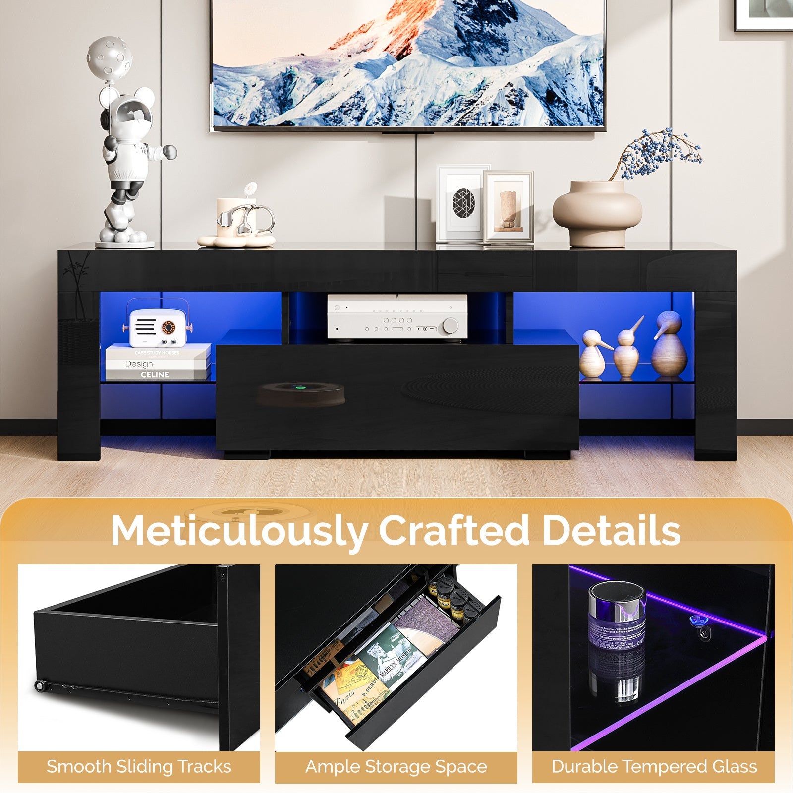 30-60 Inch TV Stand Console Table, Modern Entertainment Center with 1 Large Drawer, Media Entertainment Center Console Table for Living Room, Bedroom, Studio