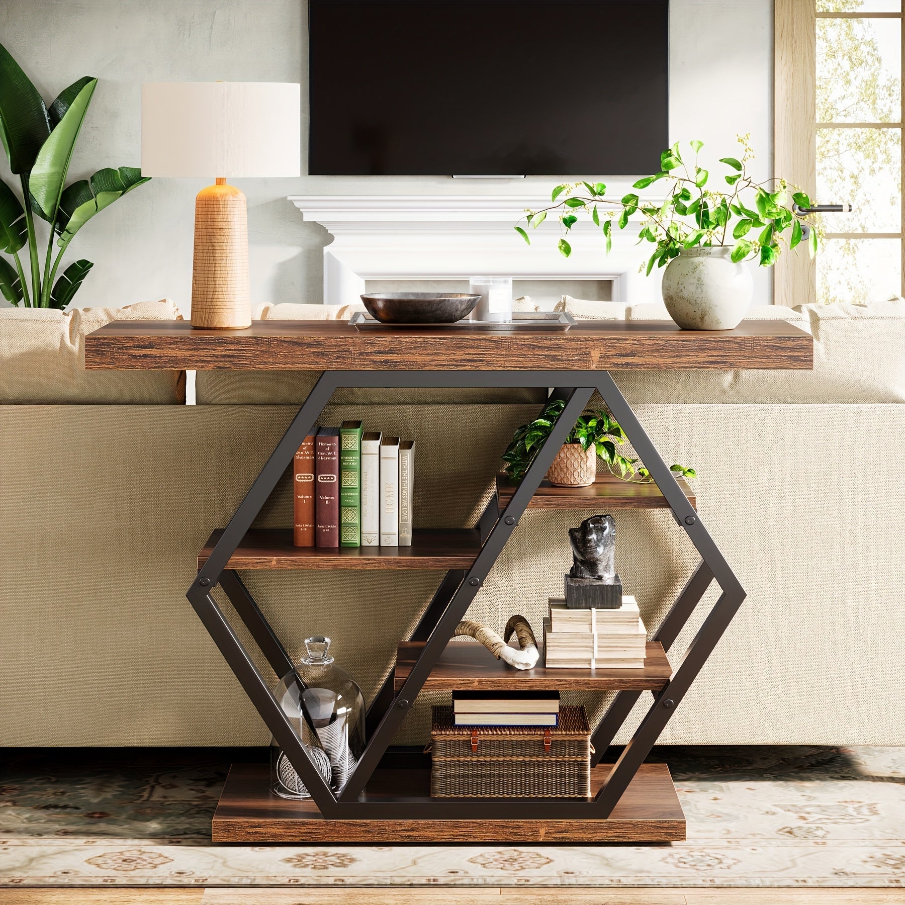 39.3'Brown Rectangle Wood Console Table, 5-Tier Sofa Table Storage Behind Sofa Entryway Couch Accent Wall Console Home