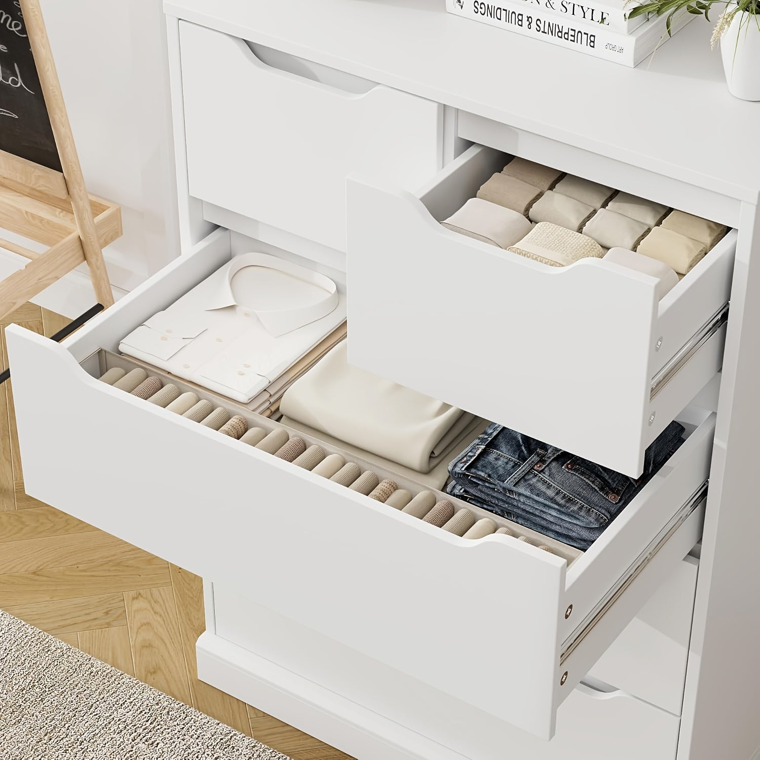 5 Drawer Dresser For Bedroom Chest Of Drawers With Storage Storage Chest Organizers With Cut-Out Handles Accent Storage