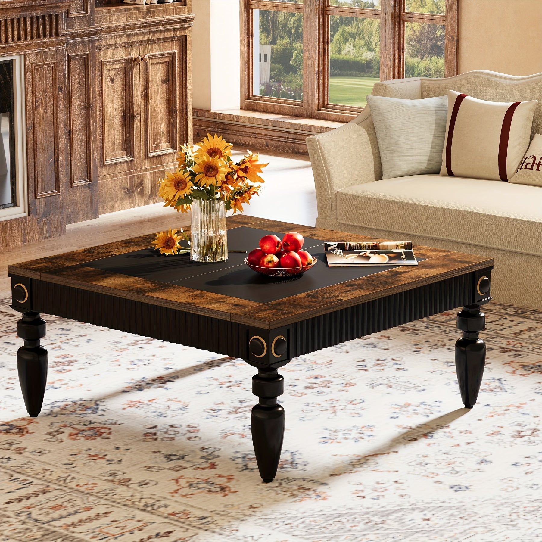 Square Coffee Table 109cm Farmhouse Center Table With Solid Wood Legs Rustic Wood Cocktail Table For Living Room