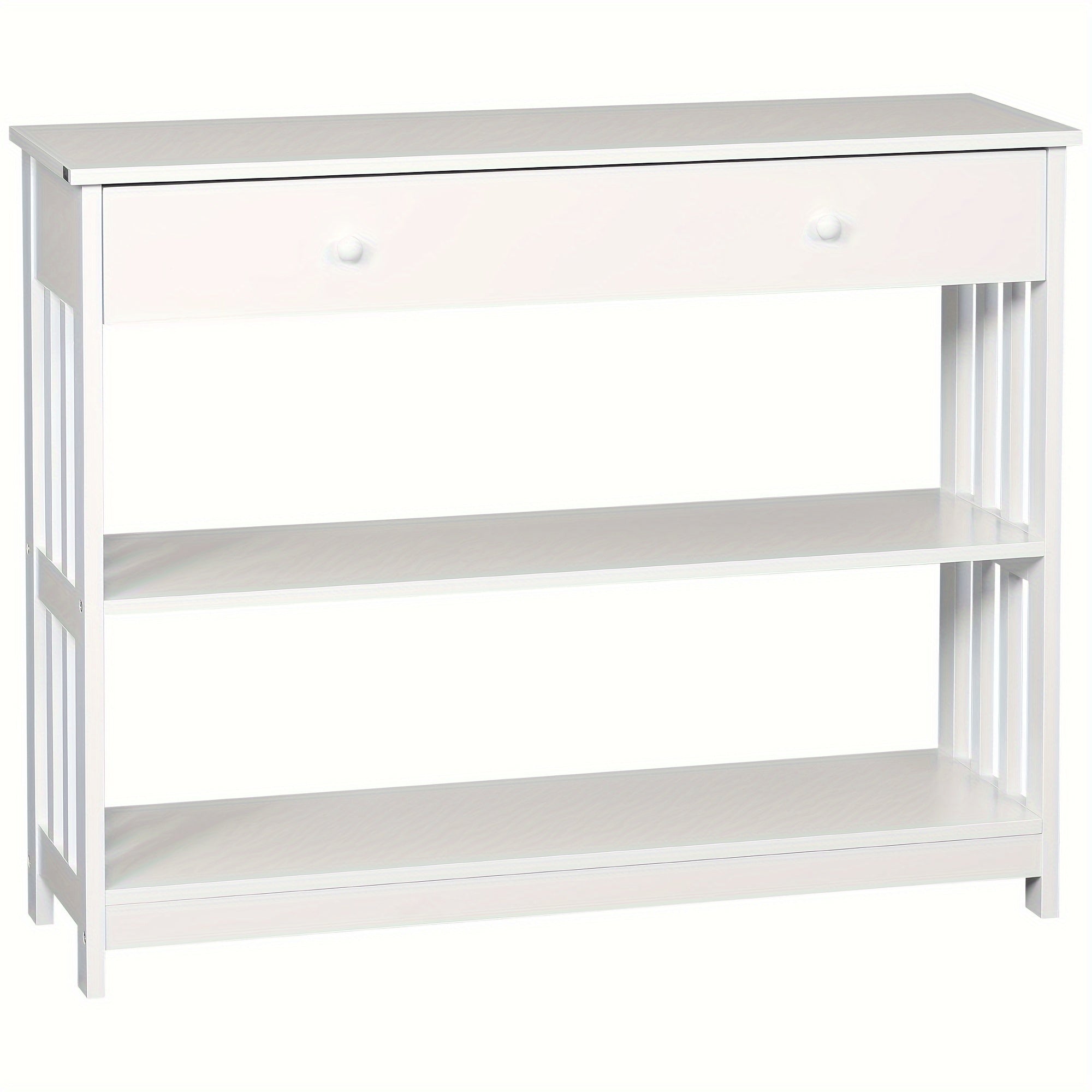 Console Hallway Table With Extra Wide Pull Out Drawer, 2 Open Shelves And Slatted Wood Frame Design, White