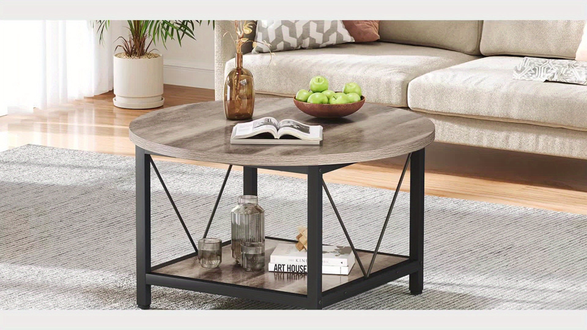 Round Coffee Table with Storage, Rustic Living Room Tables with Sturdy Metal Legs, OAK