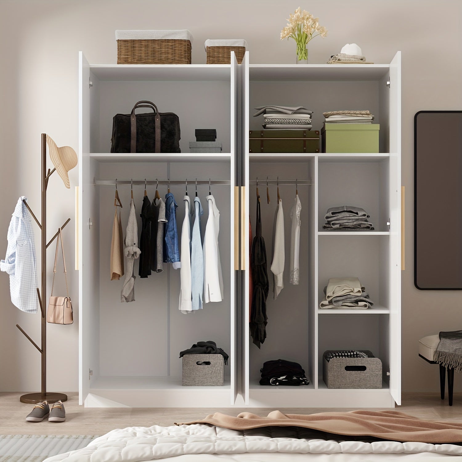Spacious 4-Door White Wardrobe Armoire Closet - Freestanding Organizer with Storage Shelves & Hanging Rod Durable MDF