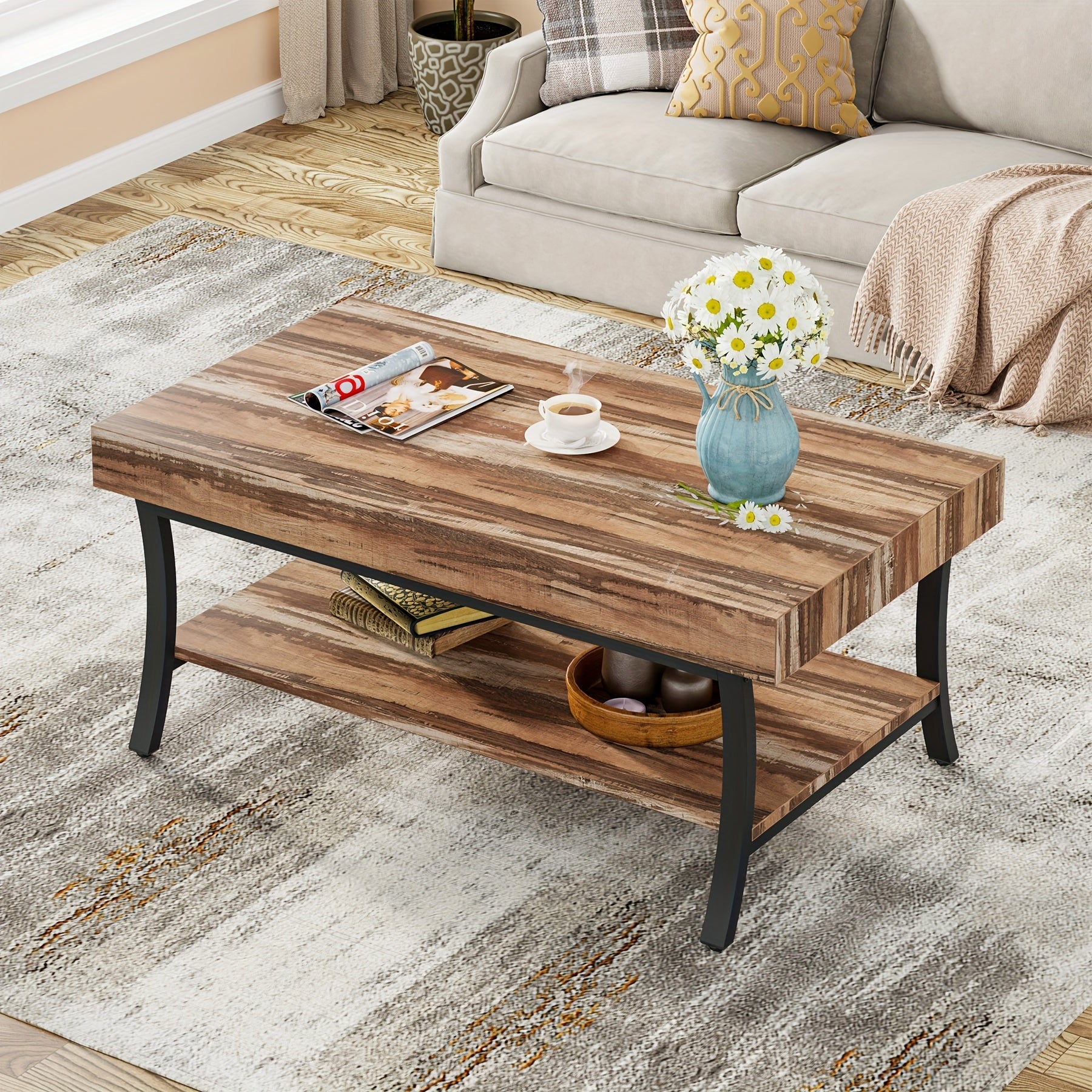 Charming Farmhouse Coffee Table With Storage, 2-Tier Rustic Industrial Design, Wooden Low Rectangle Table Ideal For Cocktails Or Tea, Perfect Centerpiece For Your Living Room