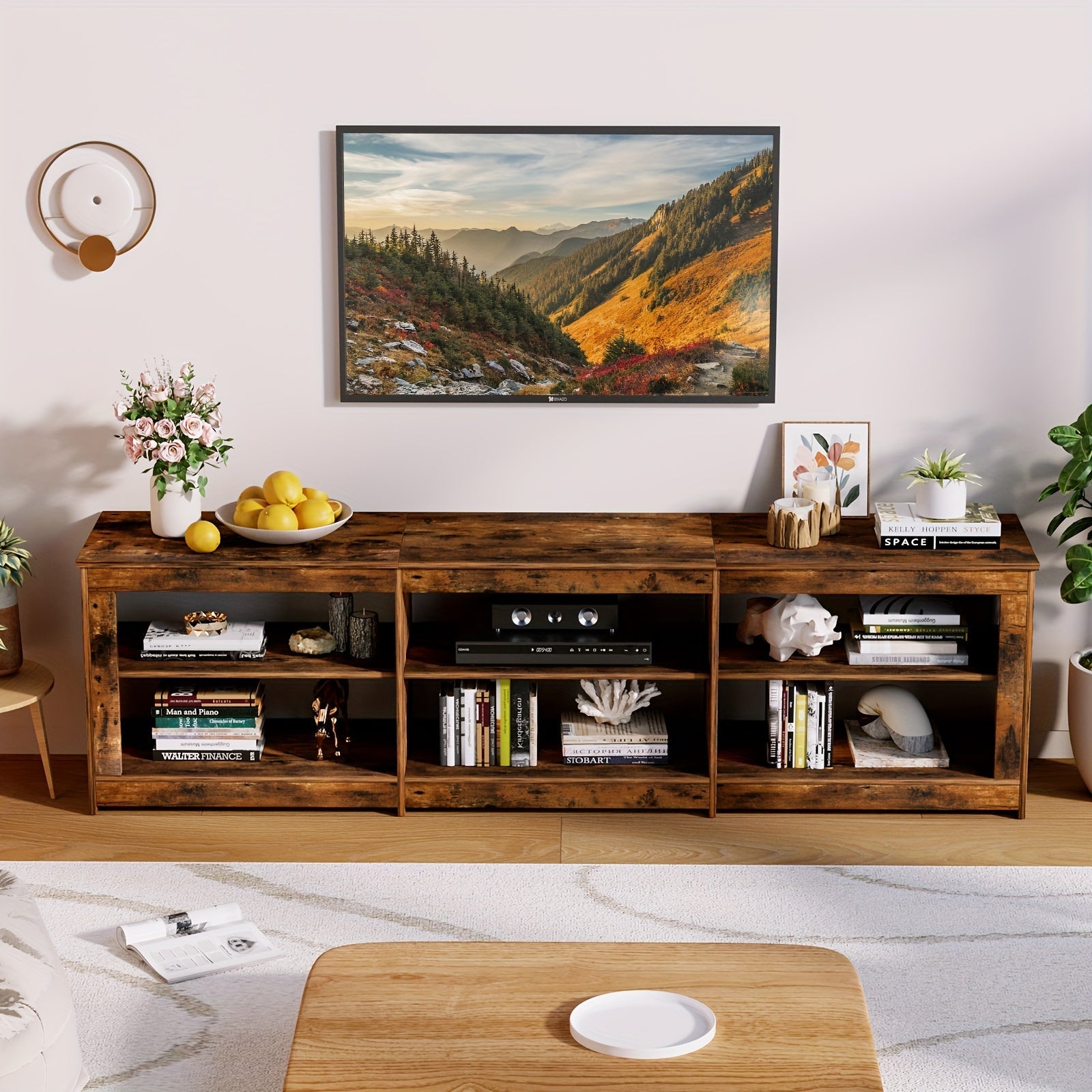 200cm Rustic TV Stand With Outlet & 6 Open Shelves - Rustic Brown - TV Stand Westberry Furniture