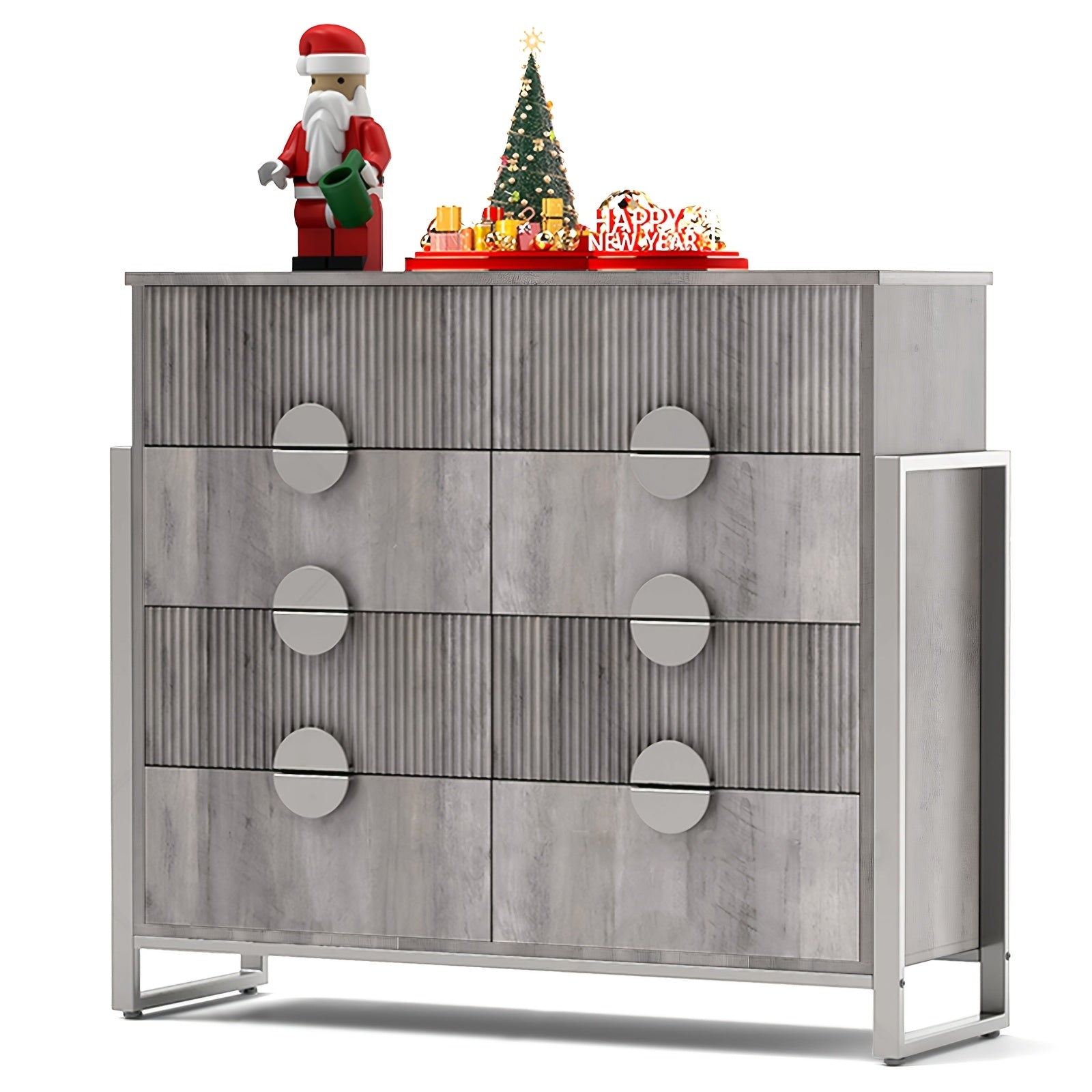 Modern Fluted 8-Drawer Dresser with Metal H Legs and Large Handles, 49.6 Inch Long TV Stand, Grey - Ideal for Bedroom, Living Room, Hallway, Dresser for Bedroom