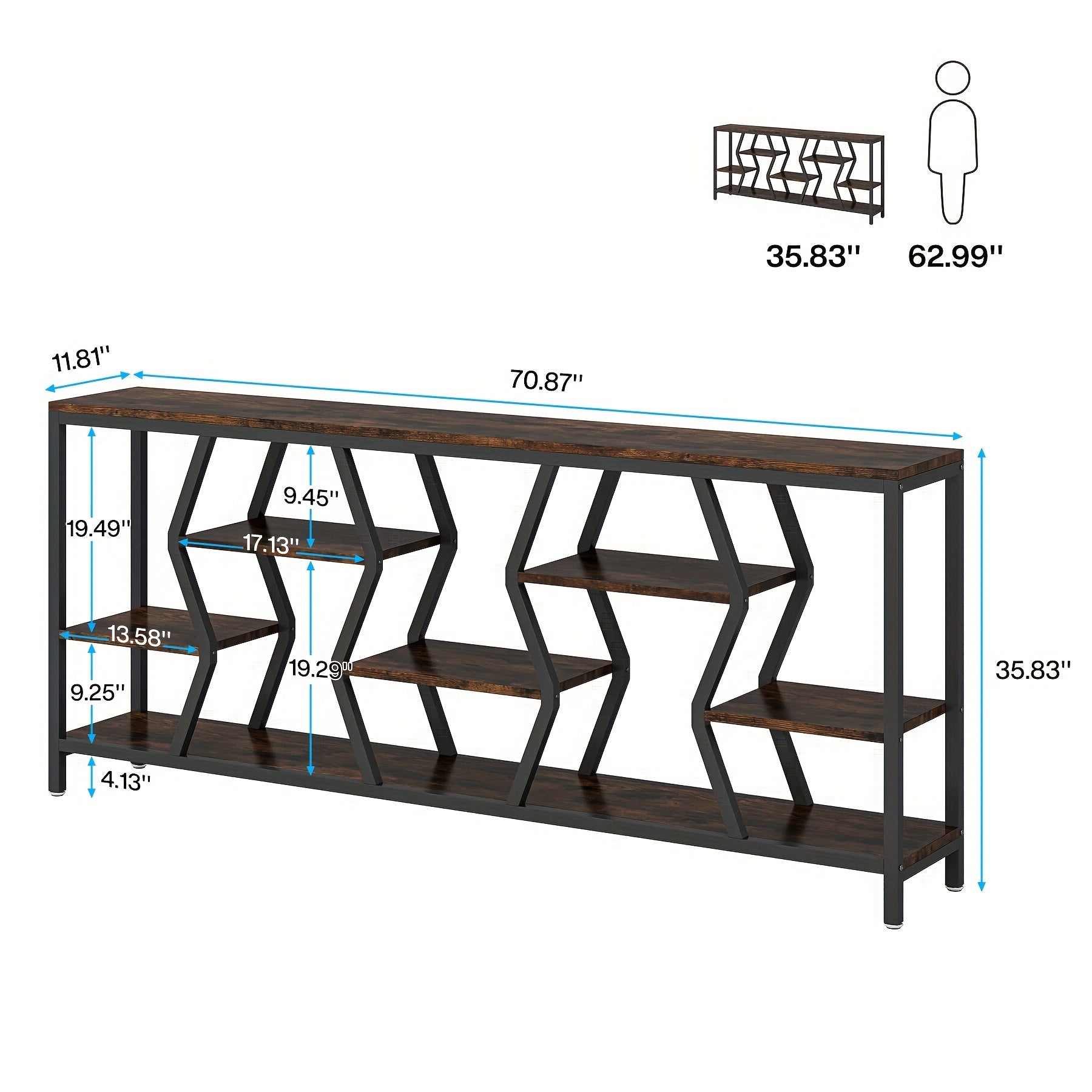 Extra Long 70.9" Rustic Brown Sofa Console Table with 4-Tier Storage Shelves - Industrial Narrow Design for Living Room, Entryway, or Foyer Decor