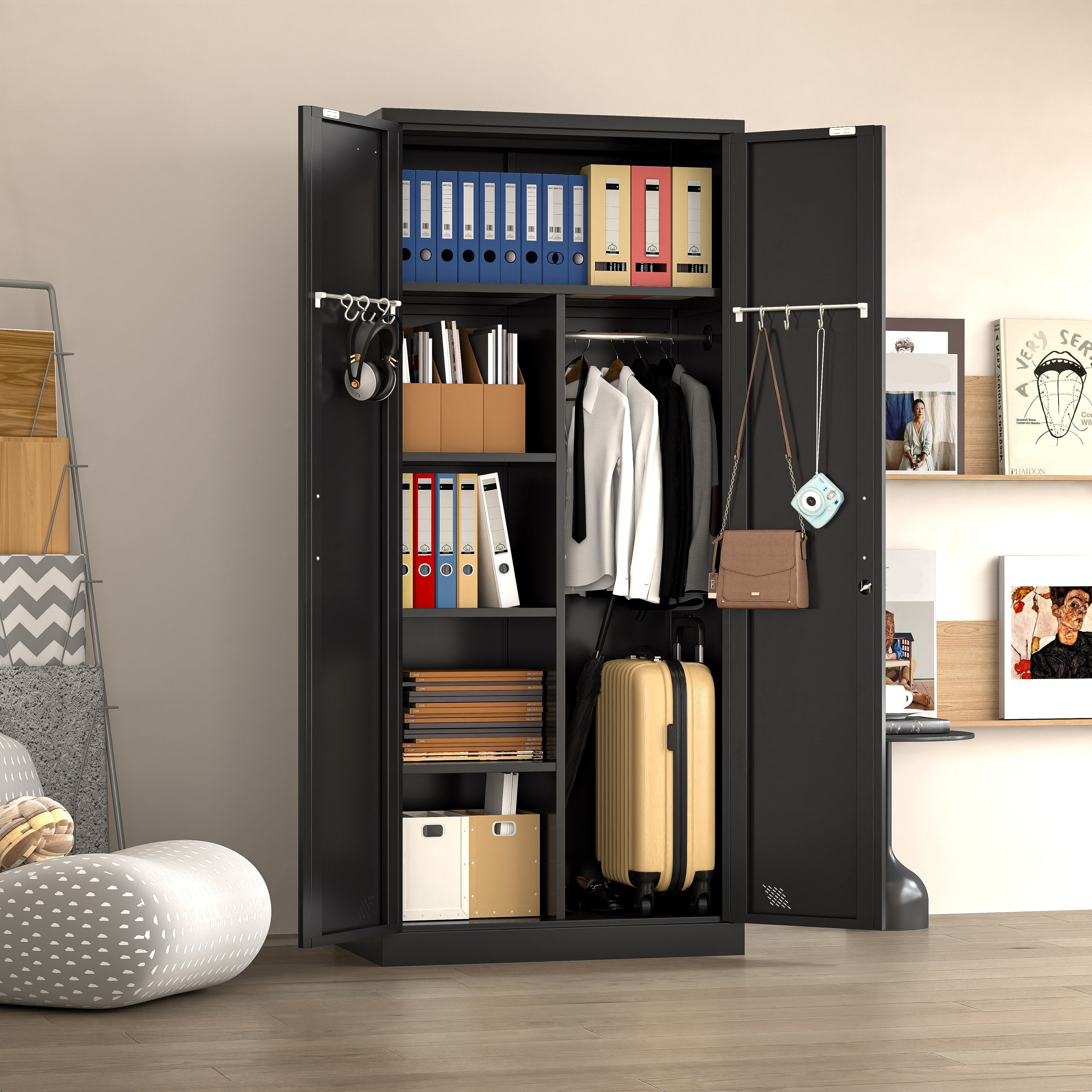 Modern Freestanding Wardrobe Armoire with Metal Handle