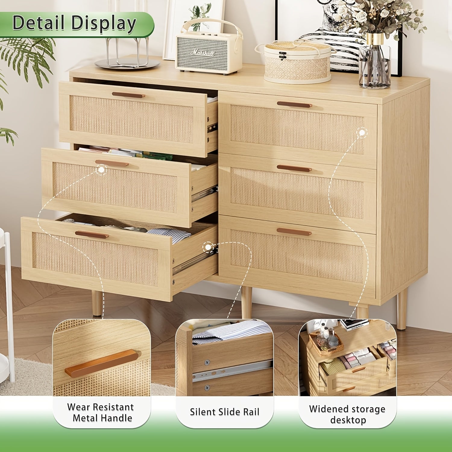 Rattan 6 Drawer Dresser, Wood Dresser & Chest Of Drawers with Metal Handles, Clothing & Closet Storage for Living Room, Bedroom, Hallway