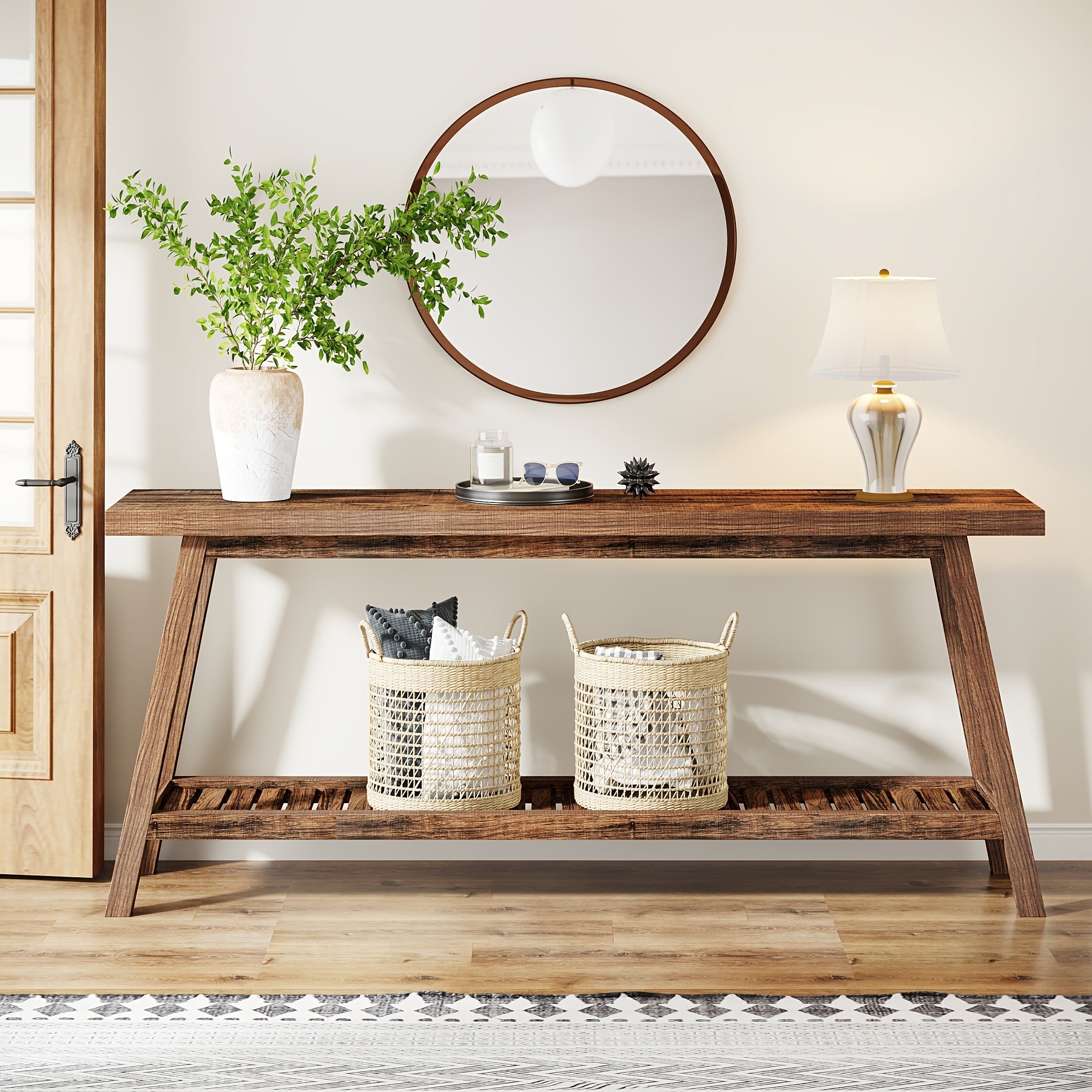 Chic Rustic Brown Farmhouse Console Table - 70.9" Long, 2-Tier Narrow Design with Ample Storage, Durable Engineered Wood Construction, Perfect for Entryway, Hallway, Living Room, or Bedroom Decor, Living Room Decor|Elegant Co