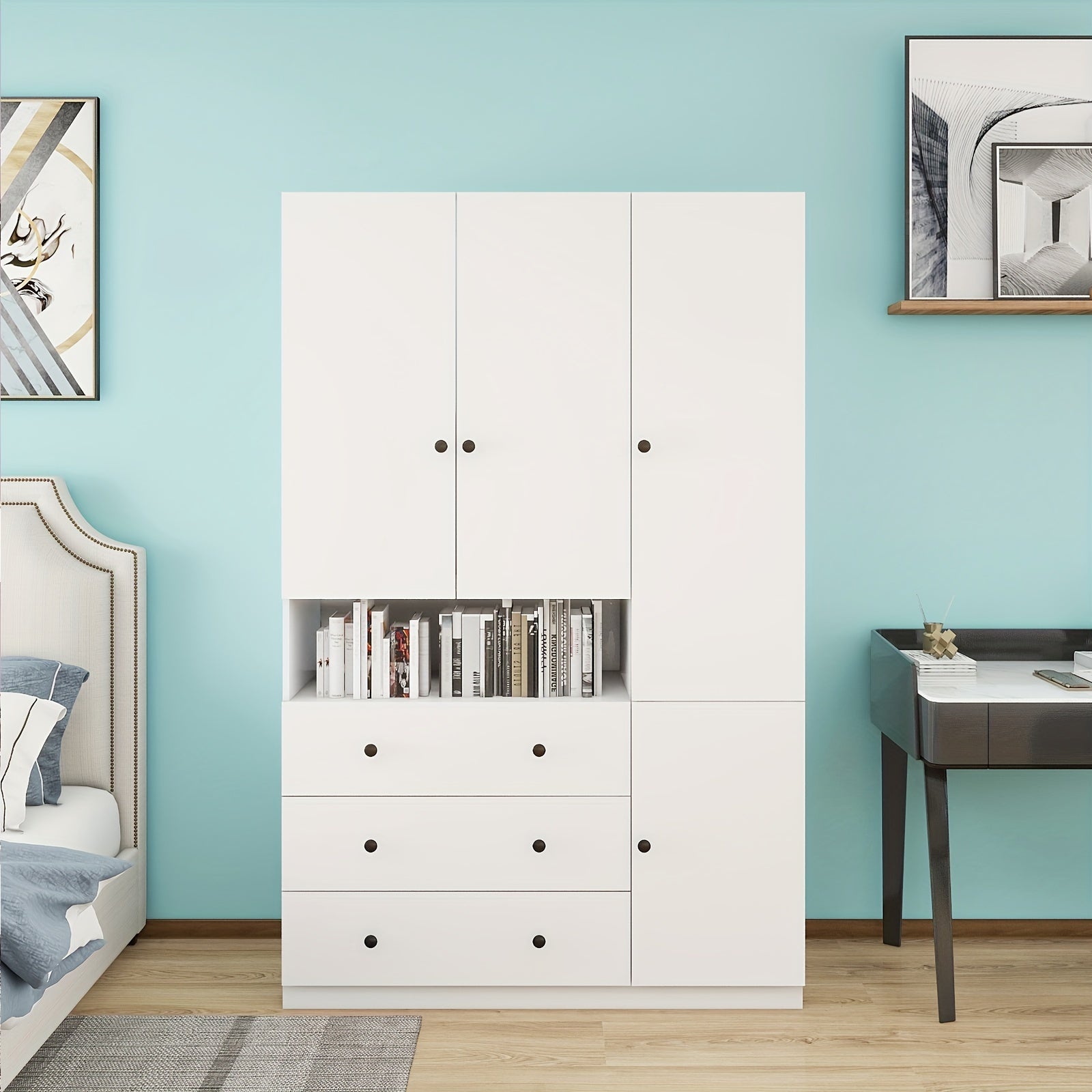 Spacious 3-Door White Wooden Armoire Wardrobe with Hanging Rod - Large Capacity, 3 Drawers & Open Storage, Perfect for Bedroom Organization