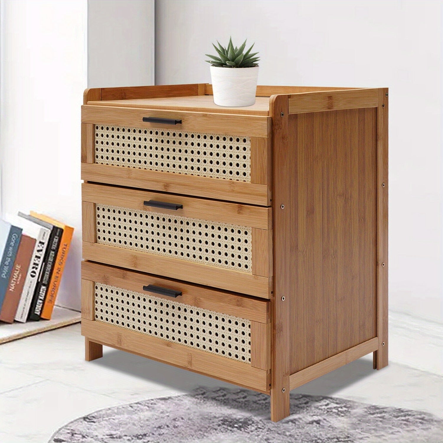 Mid-Century Modern End Table Nightstand with Drawer Bamboo Accent Sofa Side Table Bedside Table for Small Spaces, Bedroom, Living Room, Natural Storage cabinets