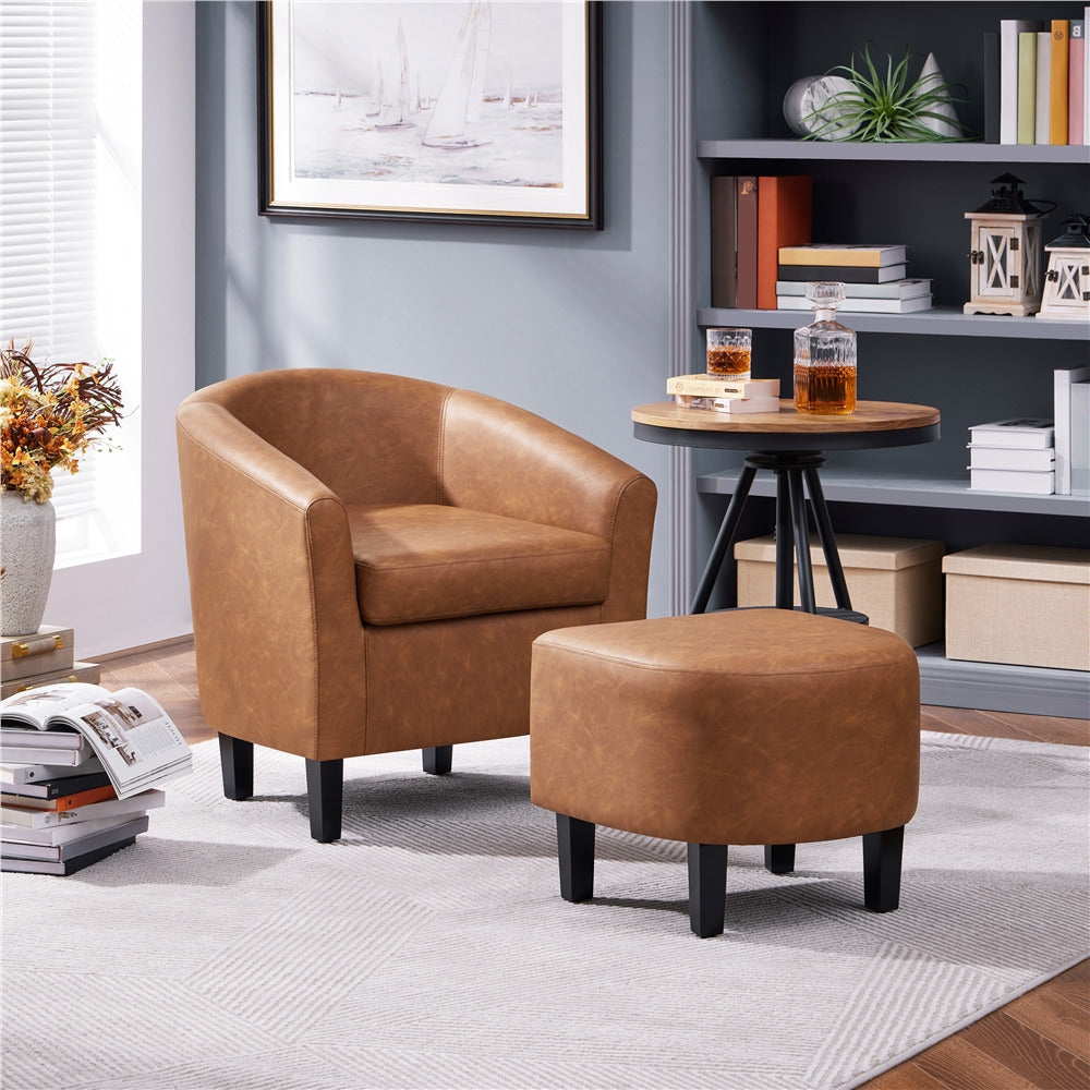 Barrel Chair and Ottoman Set with Boucle Fabric or Faux Leather Upholstery, Contemporary Club Chair with Ottoman, Accent Armchair with Footrest for Living Room, Bedroom, Guestroom, Stylish Upholstered Furniture Set i