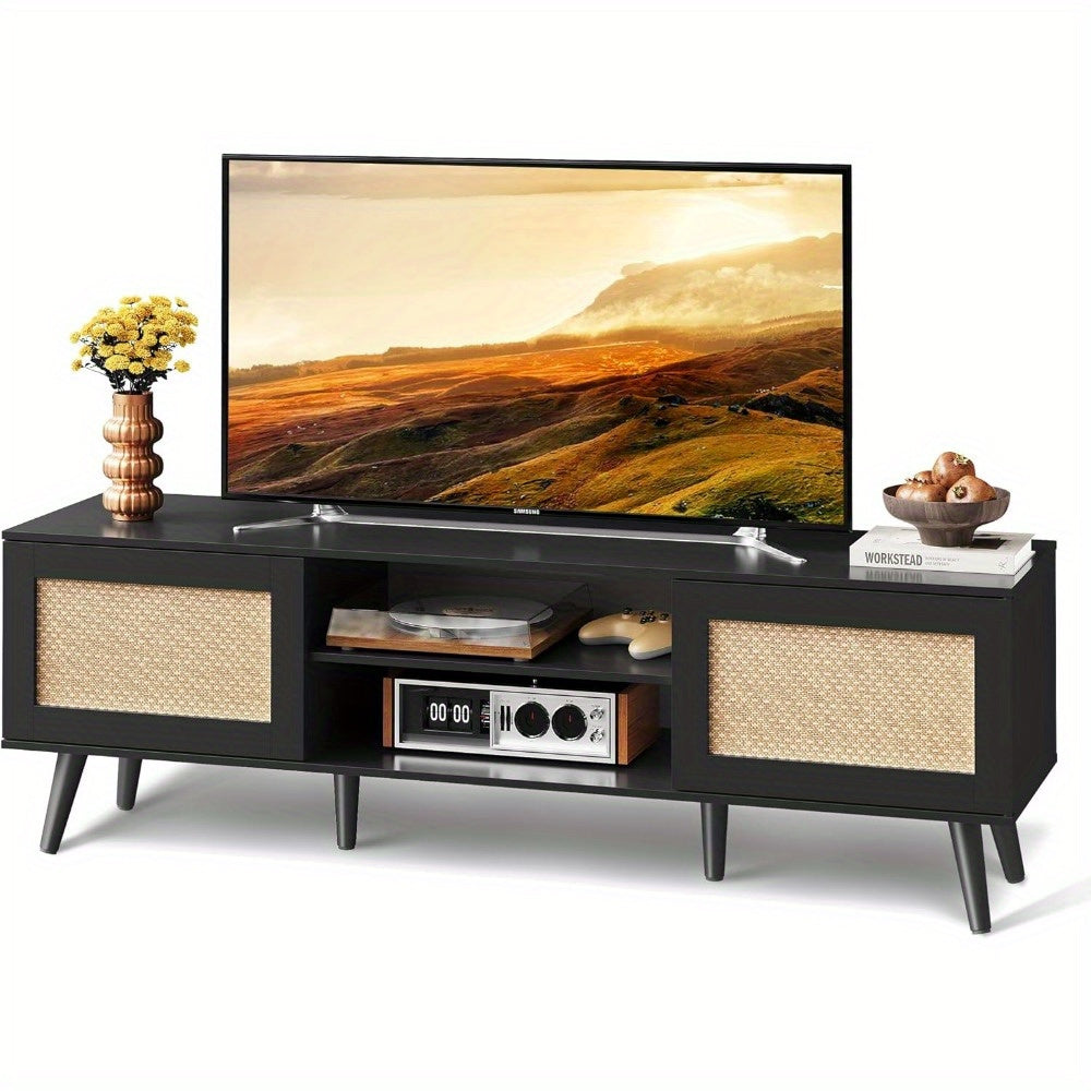 Stable TV Stand For 65 Inch TV, 58" Boho Entertainment Center With Open Shelf Storage, TV Stand For Living Room, TV Console With 2 Storage Cabinets