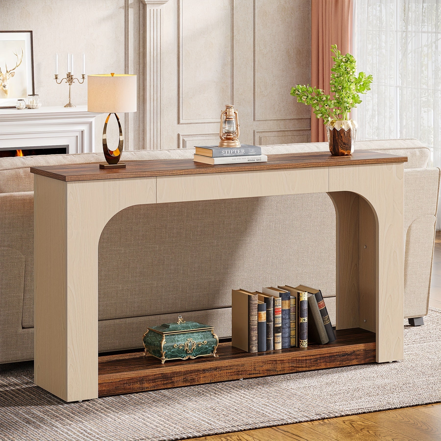 55-Inch Console Table with LED Lights, Farmhouse 2-Tier Narrow Sofa Table with Storage, Wood Foyer Entryway Behind Couch Table for Living Room, Hallway, Entrance