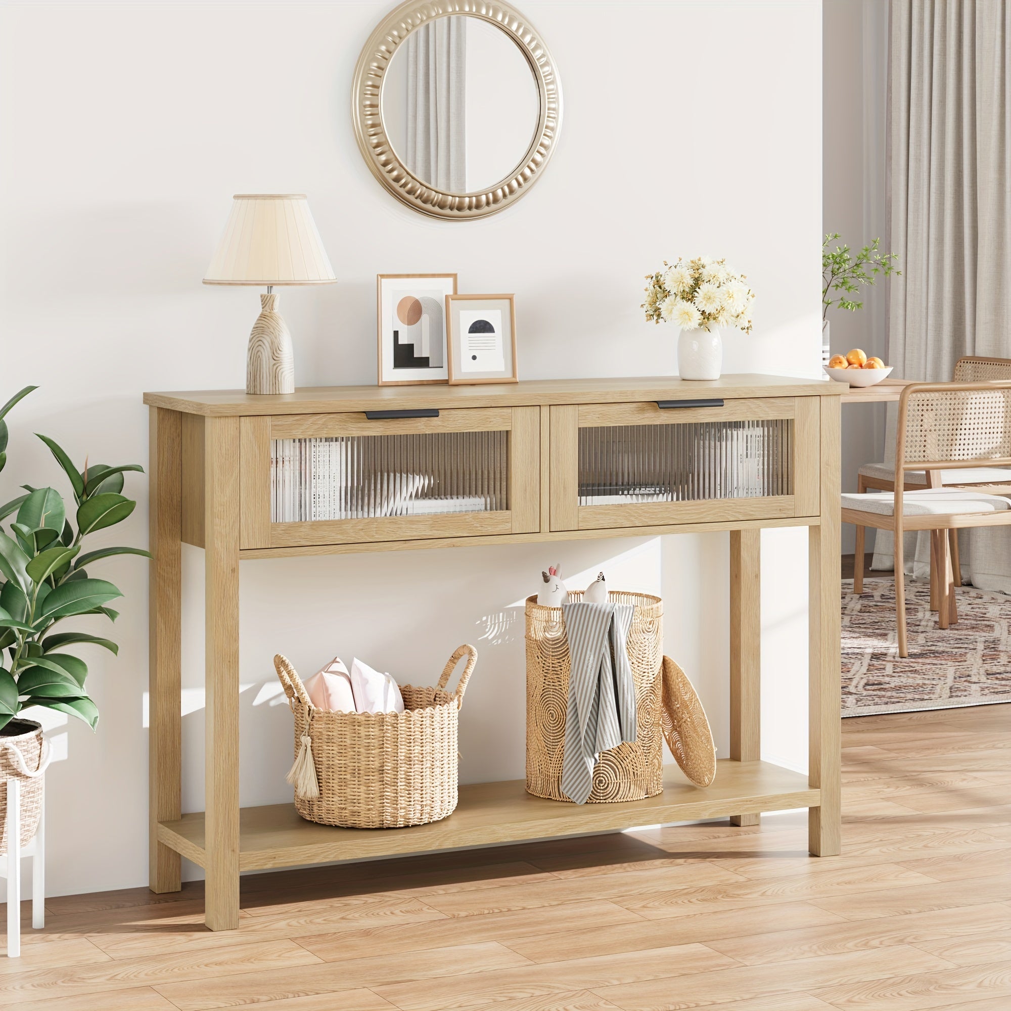 Entryway Table Wood Console Table with 2 Glass Drawers 2 Tier Sofa Table with Storage for Living Room Foyer Tables