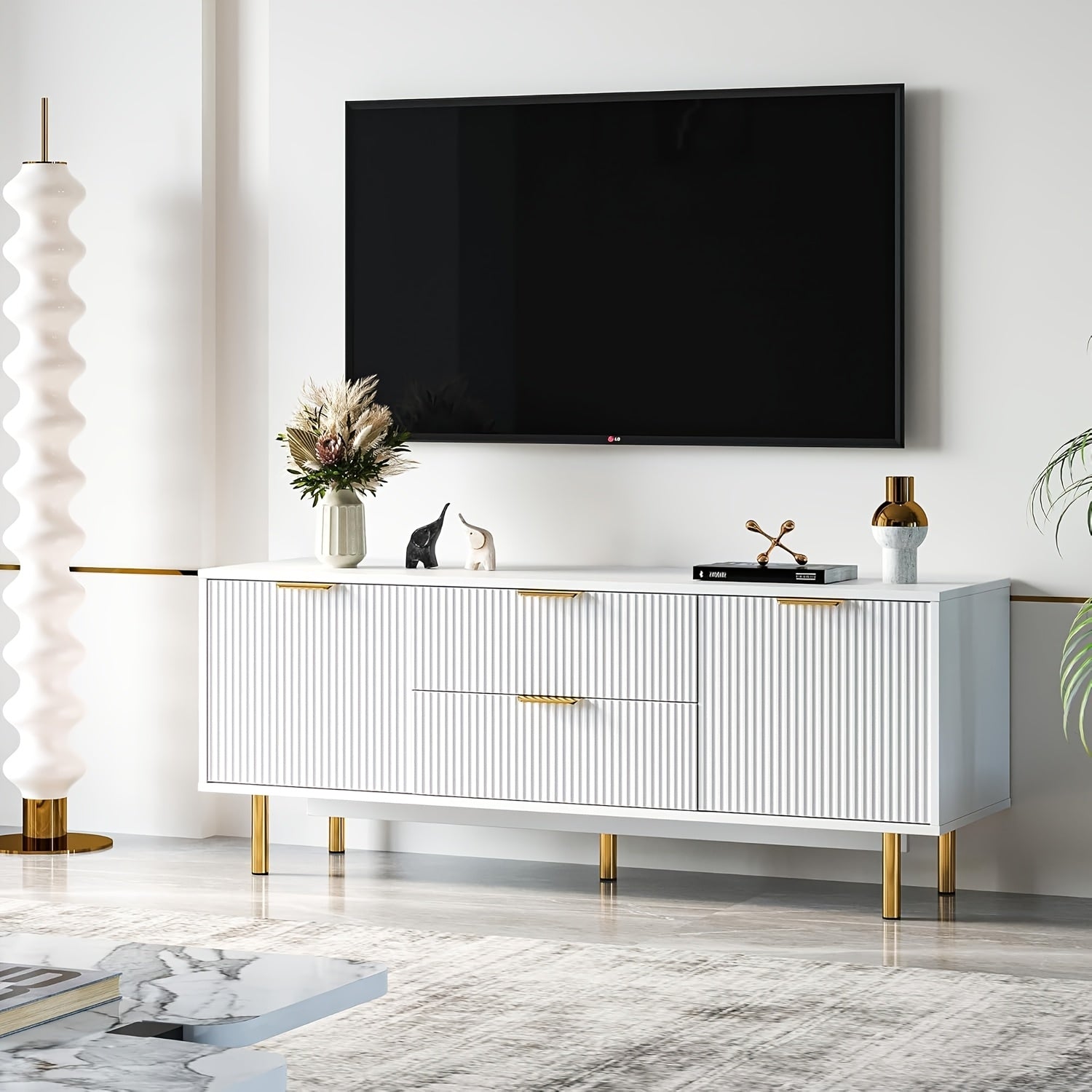 Modern White TV Stand for 65+ Inch TVs - Sleek Entertainment Center with Storage Cabinets, Corrugated Panels, and 2 Drawers & Doors, EUKER