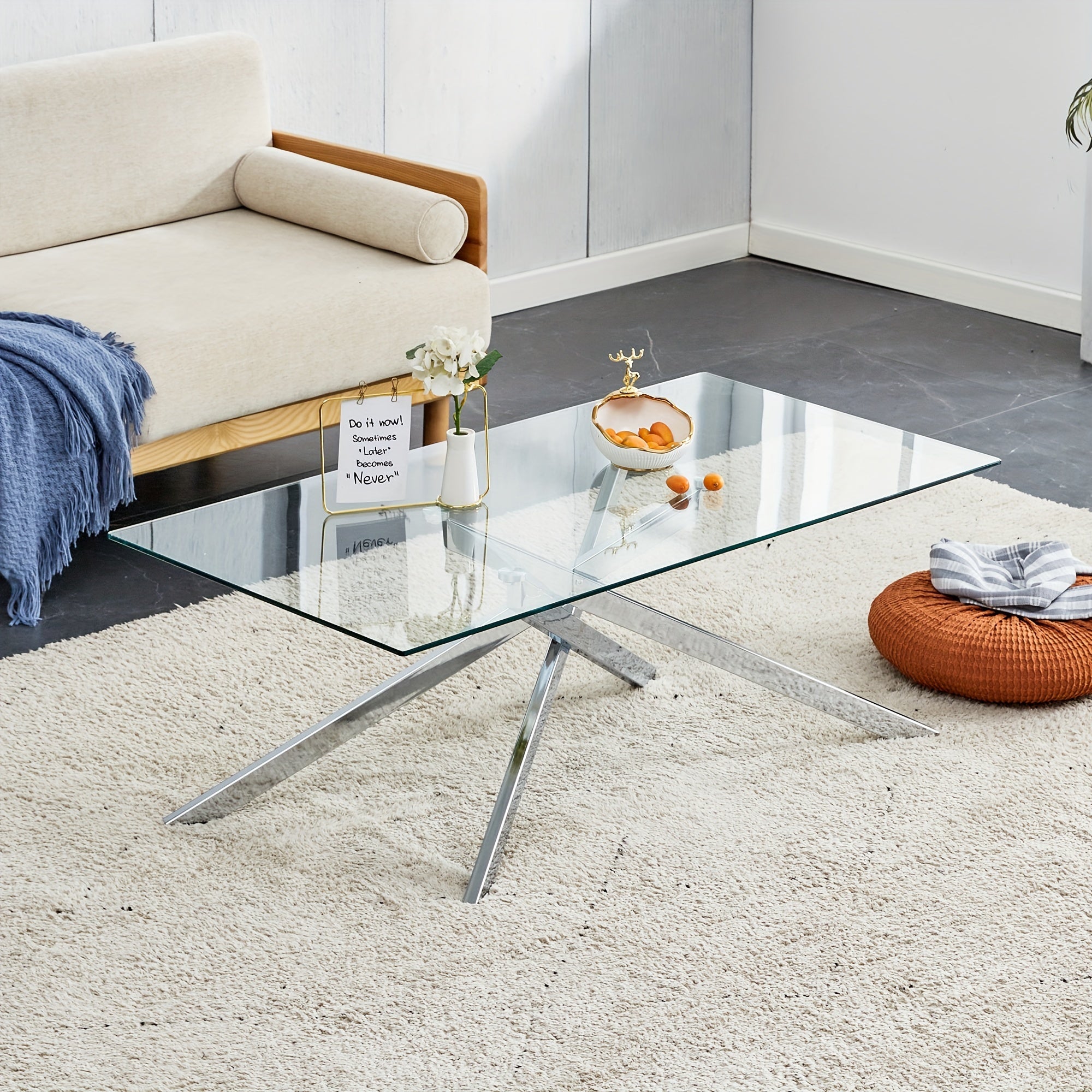 Rectangular Clear Tempered Glass Coffee Table, Stylish Design with Silver Chrome Plated Metal Legs, Coffee Table for Living Room