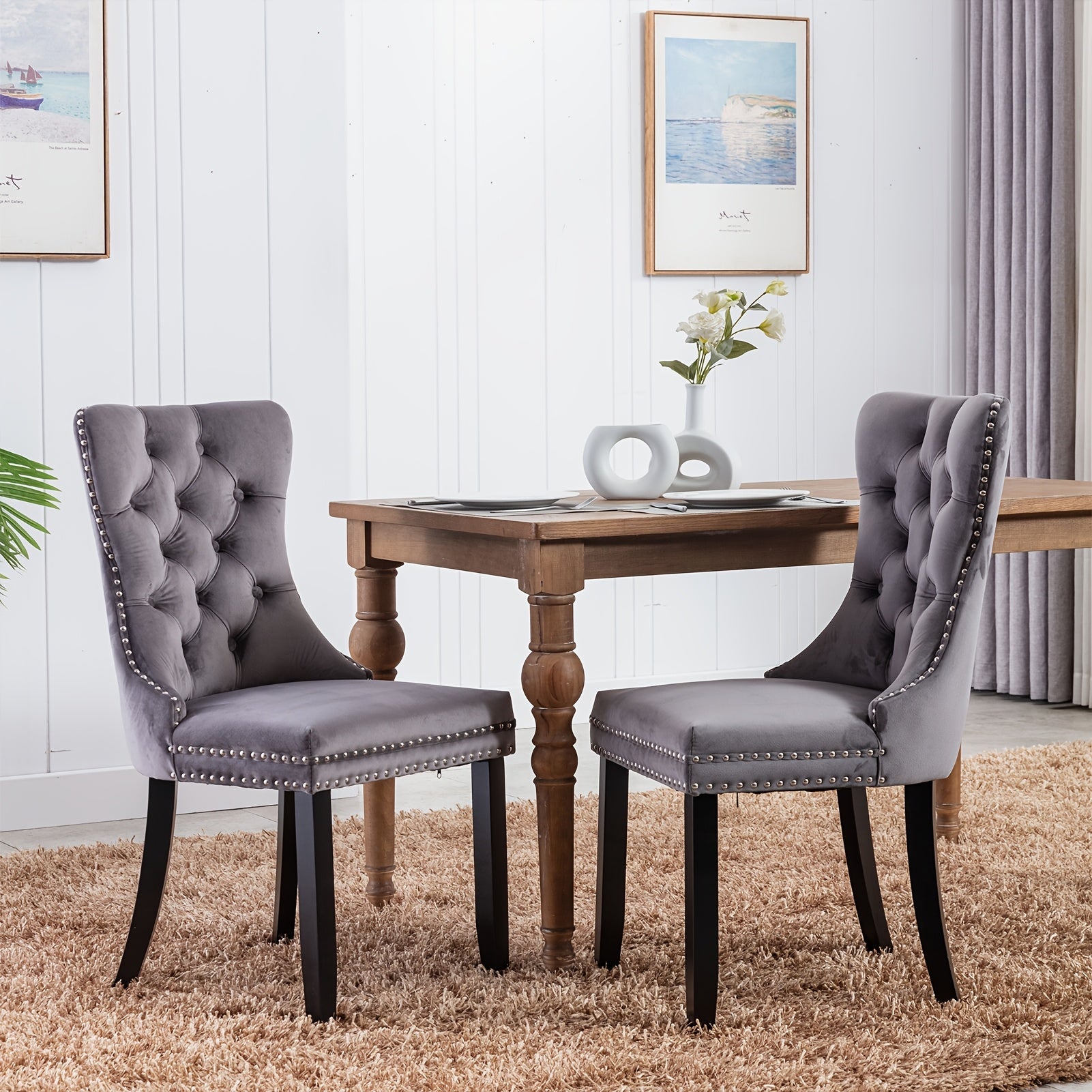 2pcs Dining Chair Set, Upholstered Dining Room Chairs with Nailhead Back Ring Pull Trim and Solid Wood Legs, Luxury Tufted Diner Chairs for Kitchen, Bedroom, Dining Room