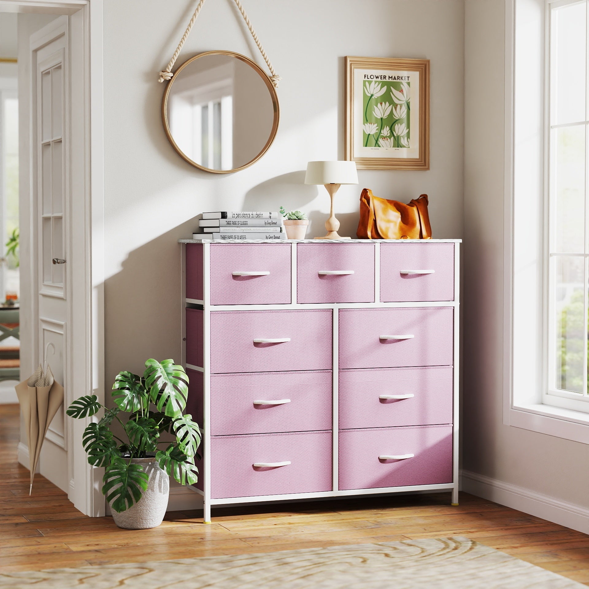 1pc Boho Style Pink Fabric Dresser with 9 Drawers - Sturdy Steel Frame, Hardwood Top, Easy Pull Bins - Independent Storage Cabinet for Bedroom, Living Room, Closet - ≥3.2 Cubic Feet Capacity