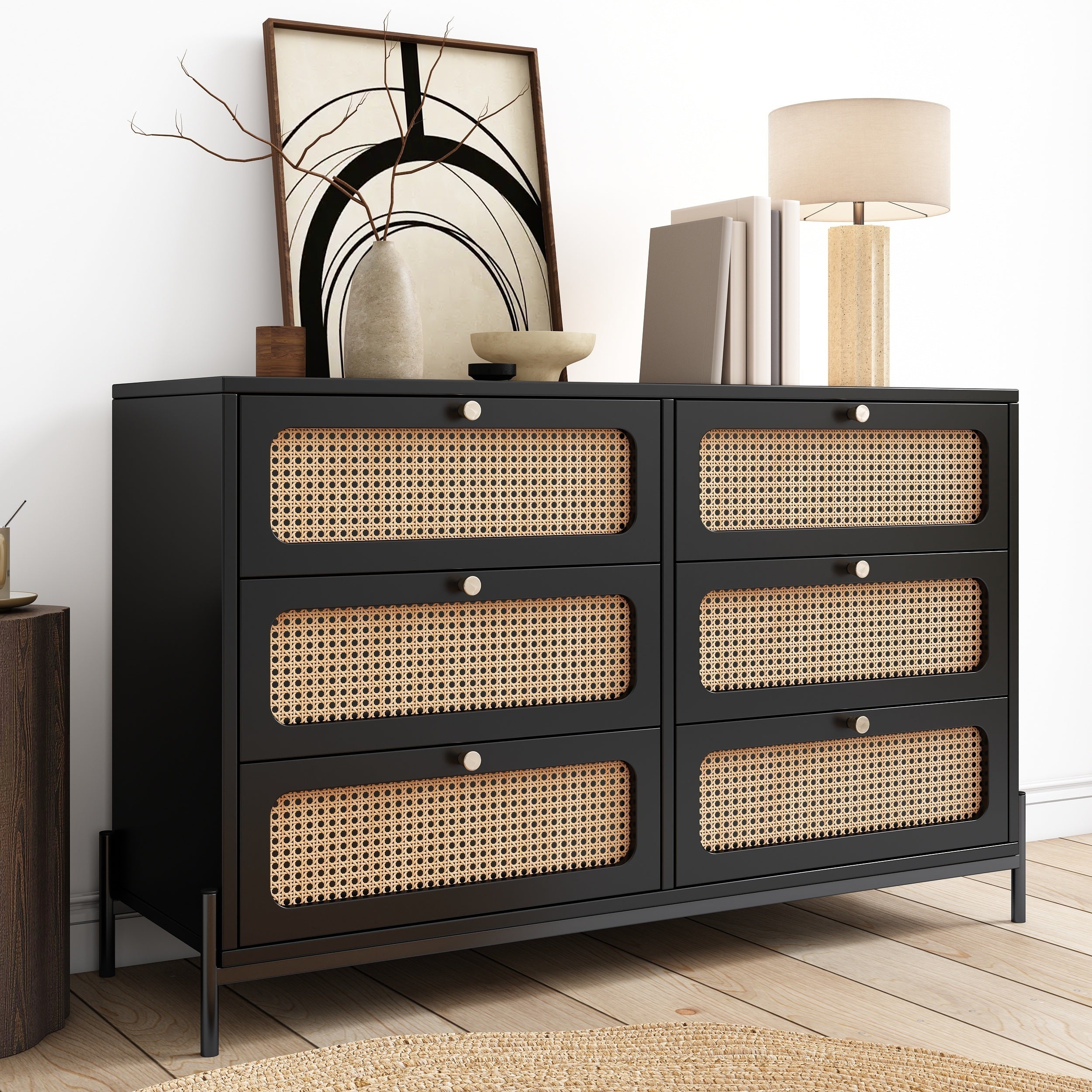 Modern Cannage Rattan Wood Closet 6-Drawer Dresser Wood Storage Cabinet Sideboard for Bedroom, Living Room, Entryway, Hallway