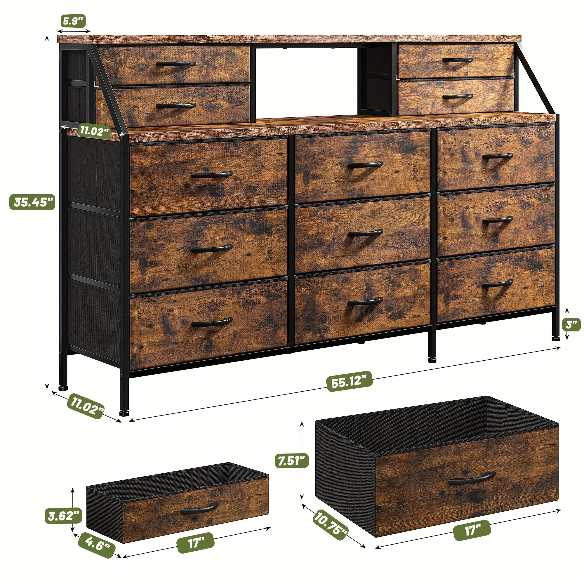 55"W Dresser, Dresser For Bedroom, Dresser With 13 Large Drawer, Dressers & Chests Of Drawers, Dresser For Bedroom, Long Dresser For Closet With 2 Shelves