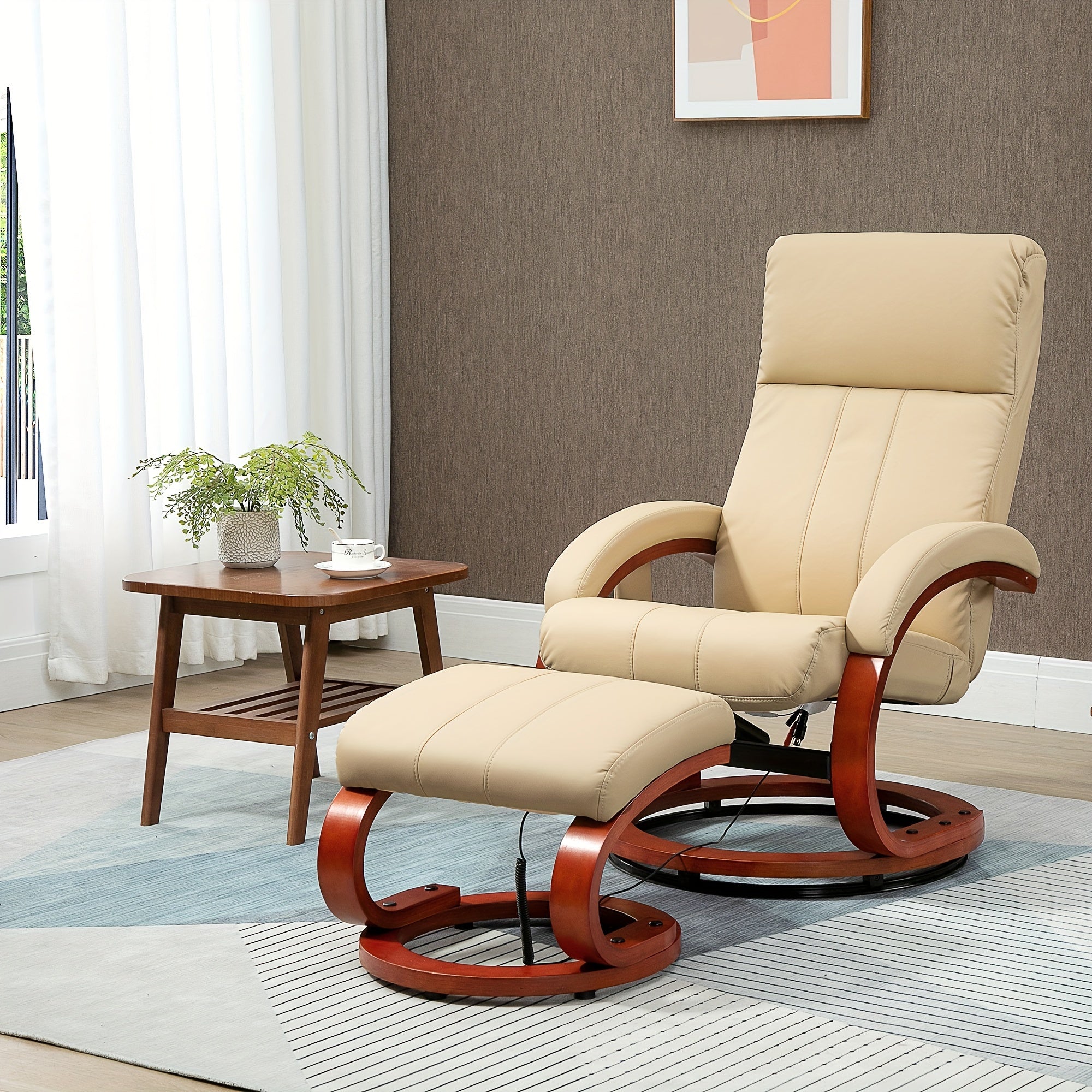 Recliner Chair with Ottoman, Electric Faux Leather Recliner with 10 Vibration Points and 5 Massage Mode, Reclining Chair with Remote Control, Swivel Wood Base and Side Pocket, Beige