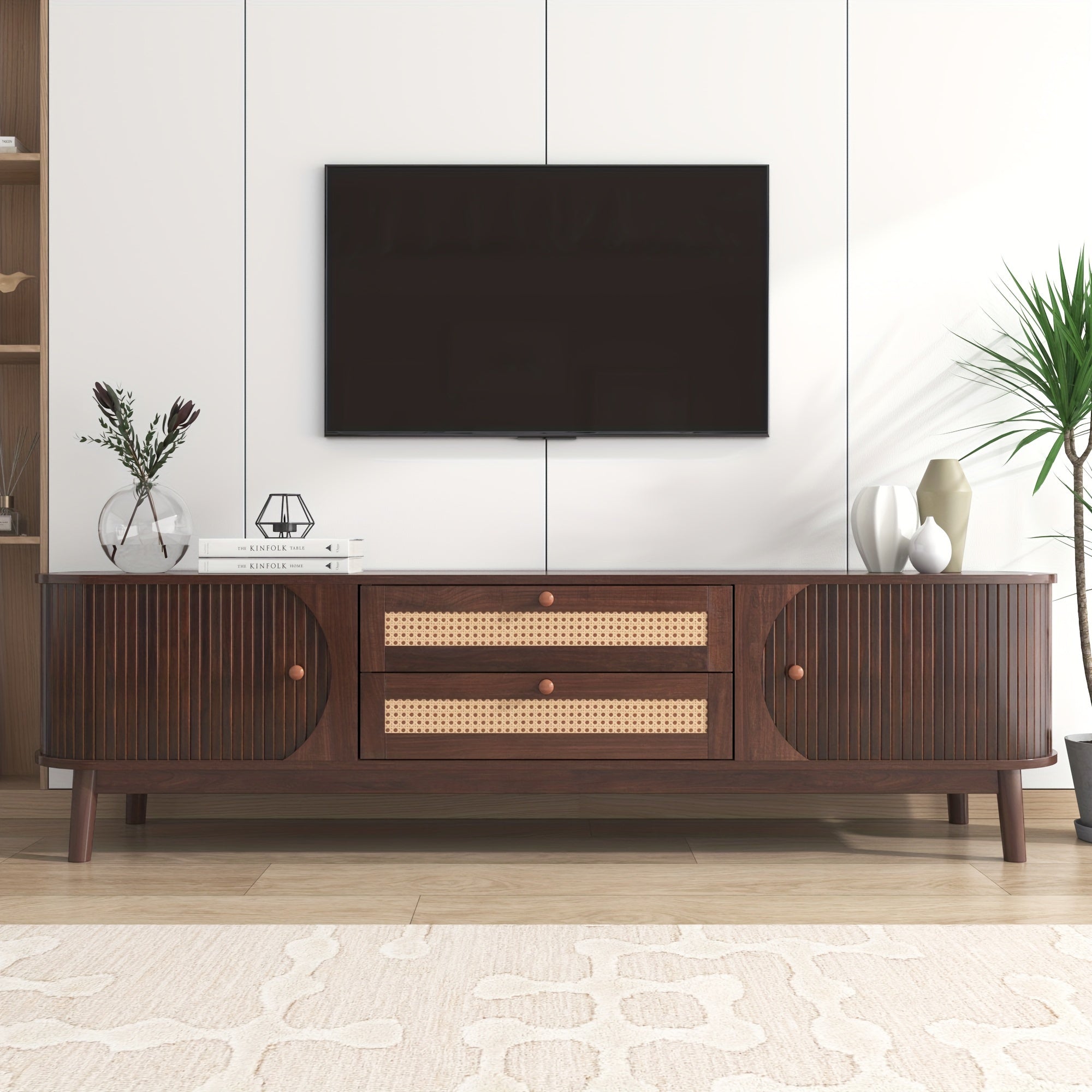 Rattan TV Stand For TVs Up To 75'', Modern Farmhouse Media Console, Entertainment Center With Solid Wood Legs, TV Cabinet For Living Room, Home Theatre