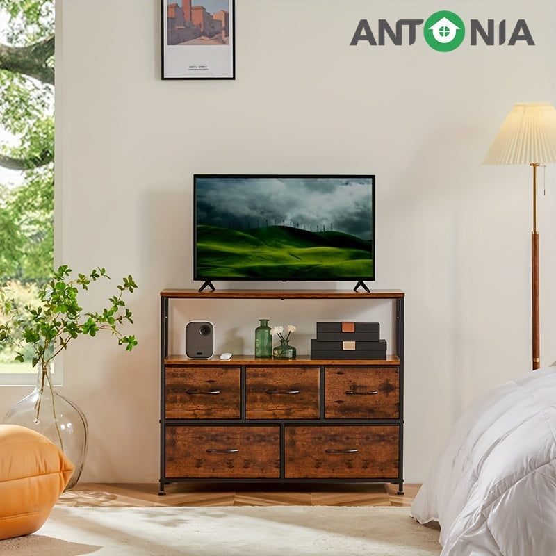 5 Fabric Drawer Dresser TV Stand With Universal TV Stand Base For Bedroom Entertainment Center For 45 Inch TV