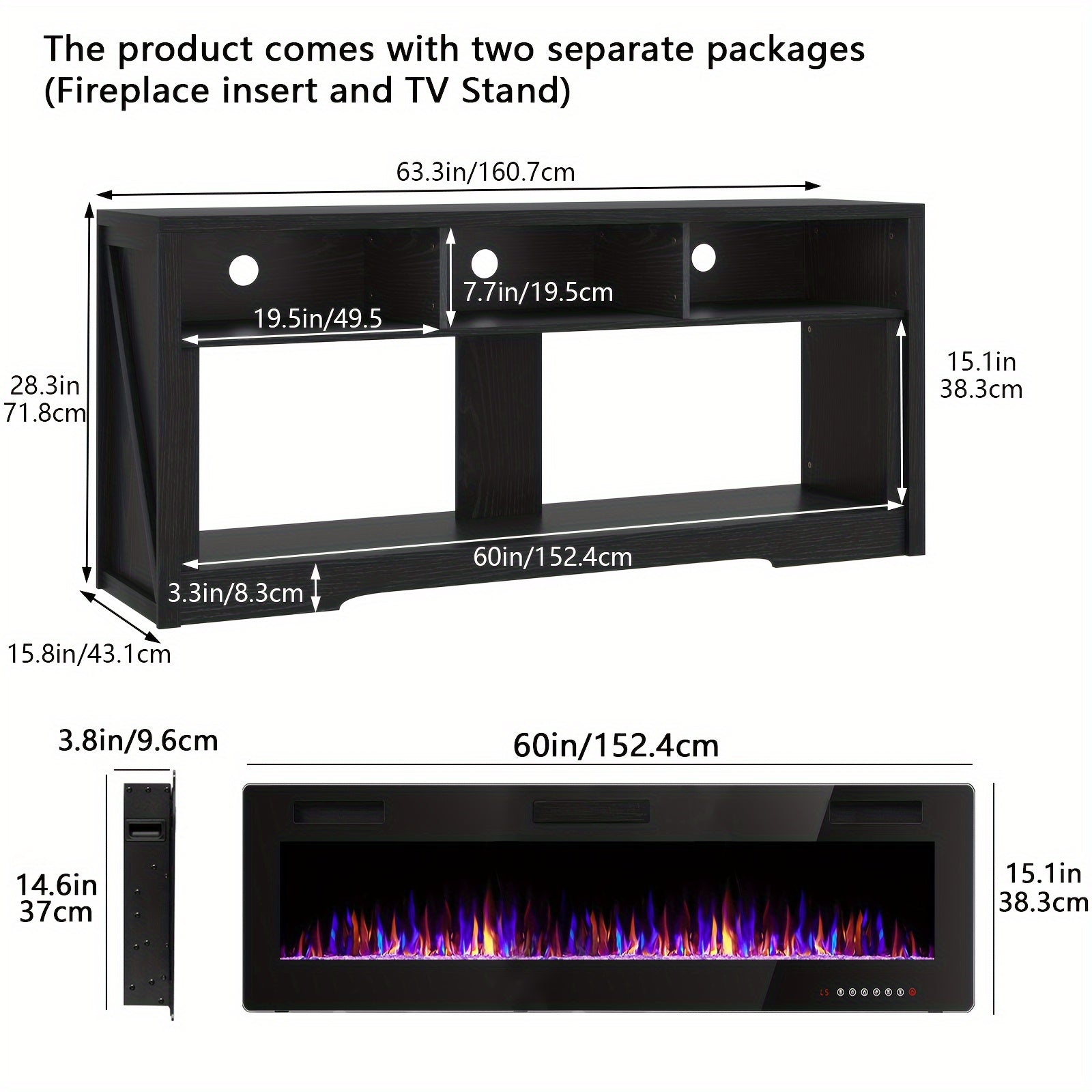 Fireplace TV Stand for TVs Up to 75" TV with 60" Electric Fireplace, Entertainment Center with Open Shelve Storage, 65 inch TV Stand with Fireplace, Entertainment Stand for Living Room